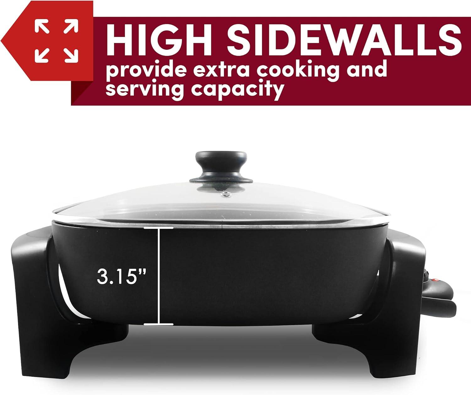 imageElite Gourmet EG6201 Extra Deep 12quotx12quotx32quot 75Qt Scratch Resistant Dishwasher Safe Nonstick Electric Skillet with Glass Vented Lid Adjustable Temperature Black75Qt