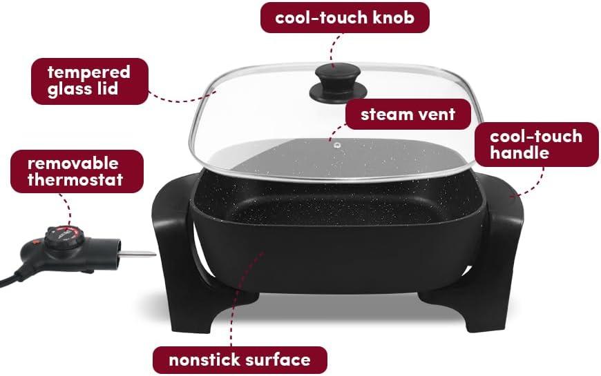 imageElite Gourmet EG6201 Extra Deep 12quotx12quotx32quot 75Qt Scratch Resistant Dishwasher Safe Nonstick Electric Skillet with Glass Vented Lid Adjustable Temperature Black75Qt