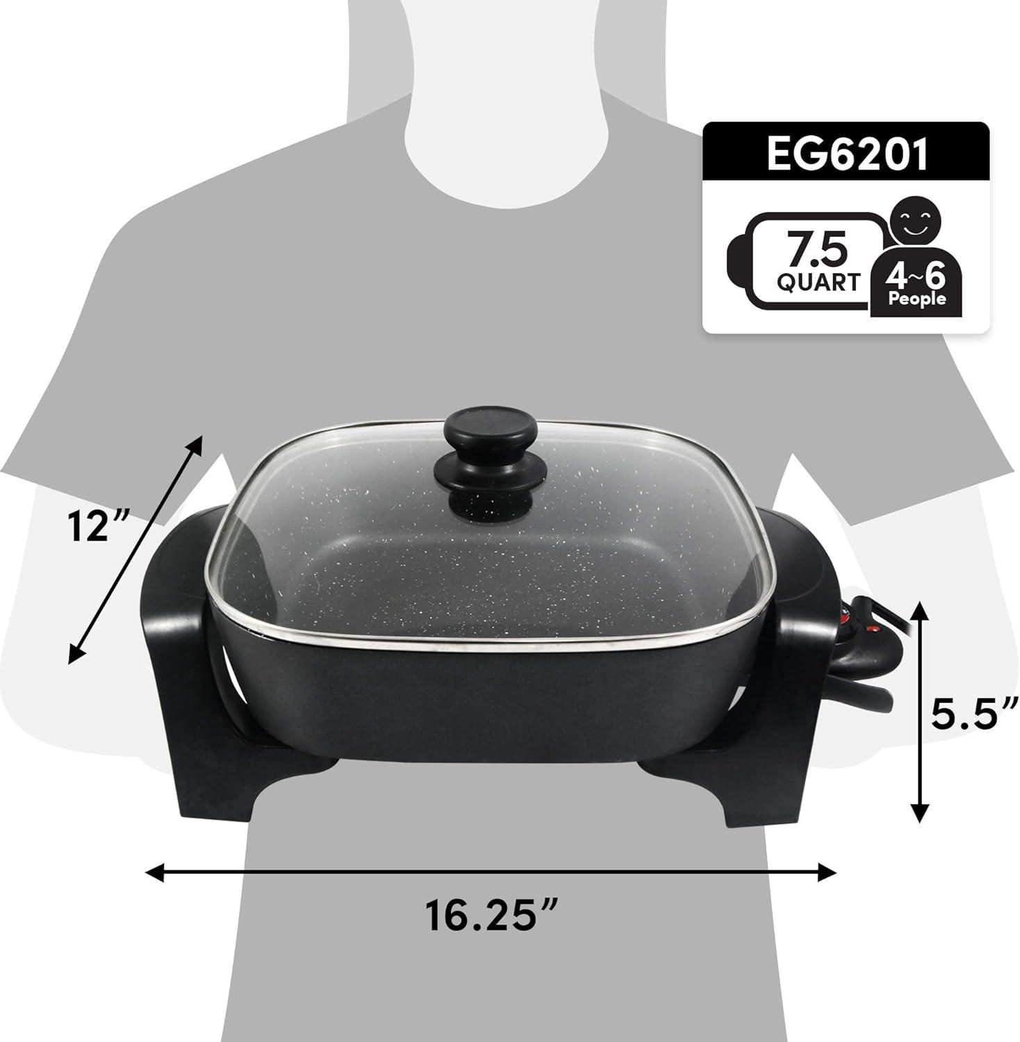imageElite Gourmet EG6201 Extra Deep 12quotx12quotx32quot 75Qt Scratch Resistant Dishwasher Safe Nonstick Electric Skillet with Glass Vented Lid Adjustable Temperature Black75Qt