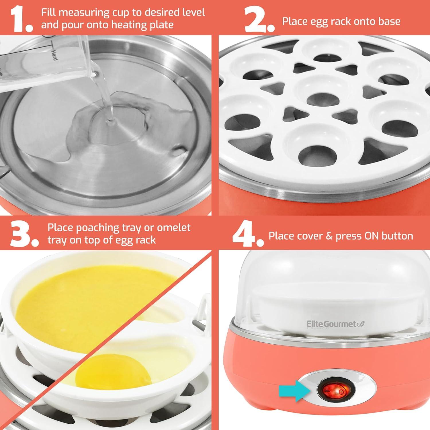 imageElite Gourmet EGC007CHC Rapid Egg Cooker 7 EasyToPeel Hard Medium Soft Boiled Eggs Poacher Omelet Maker Auto ShutOff Alarm 16Recipe Booklet Charcoal GreyCoral
