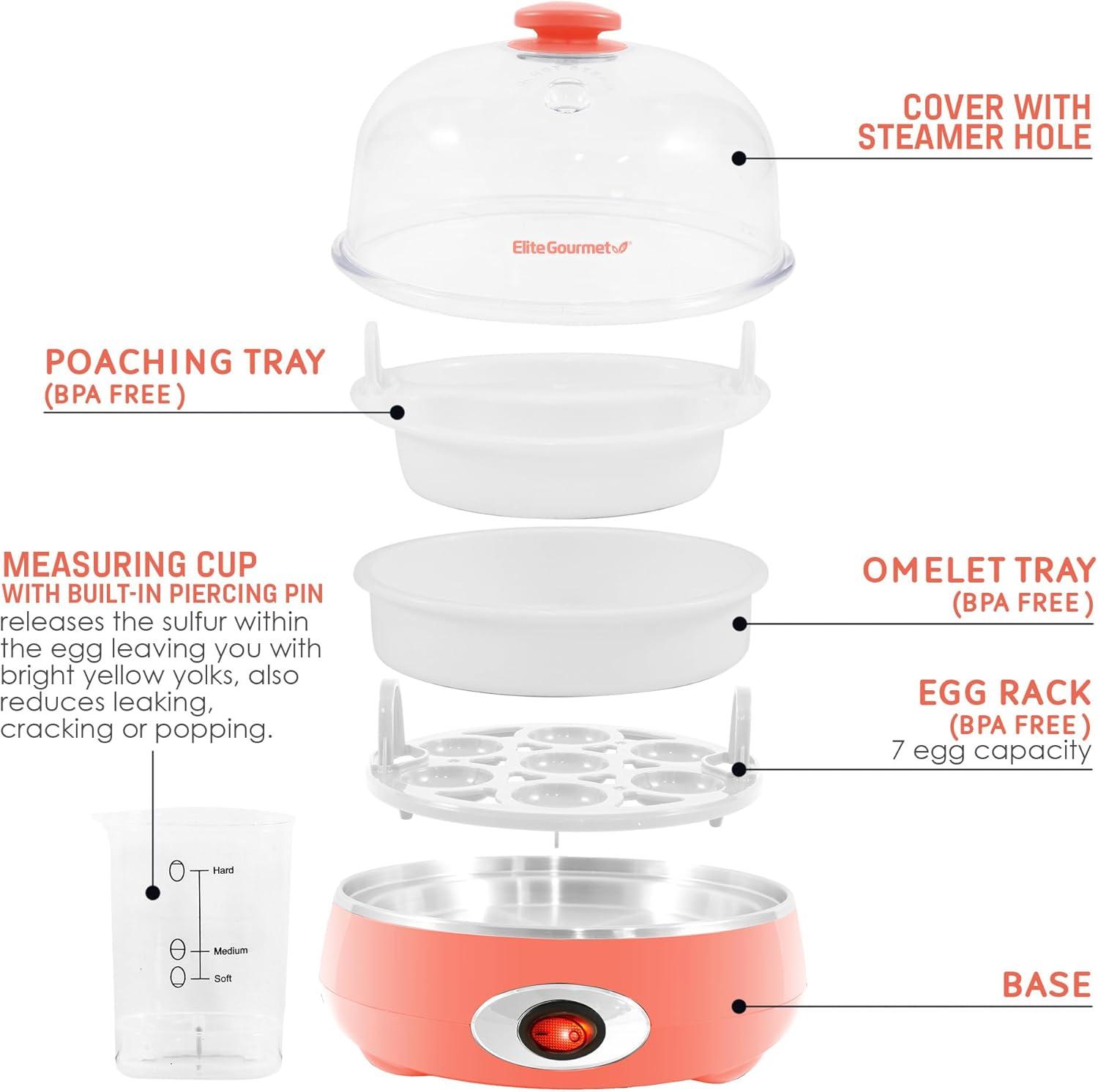 imageElite Gourmet EGC007CHC Rapid Egg Cooker 7 EasyToPeel Hard Medium Soft Boiled Eggs Poacher Omelet Maker Auto ShutOff Alarm 16Recipe Booklet Charcoal GreyCoral