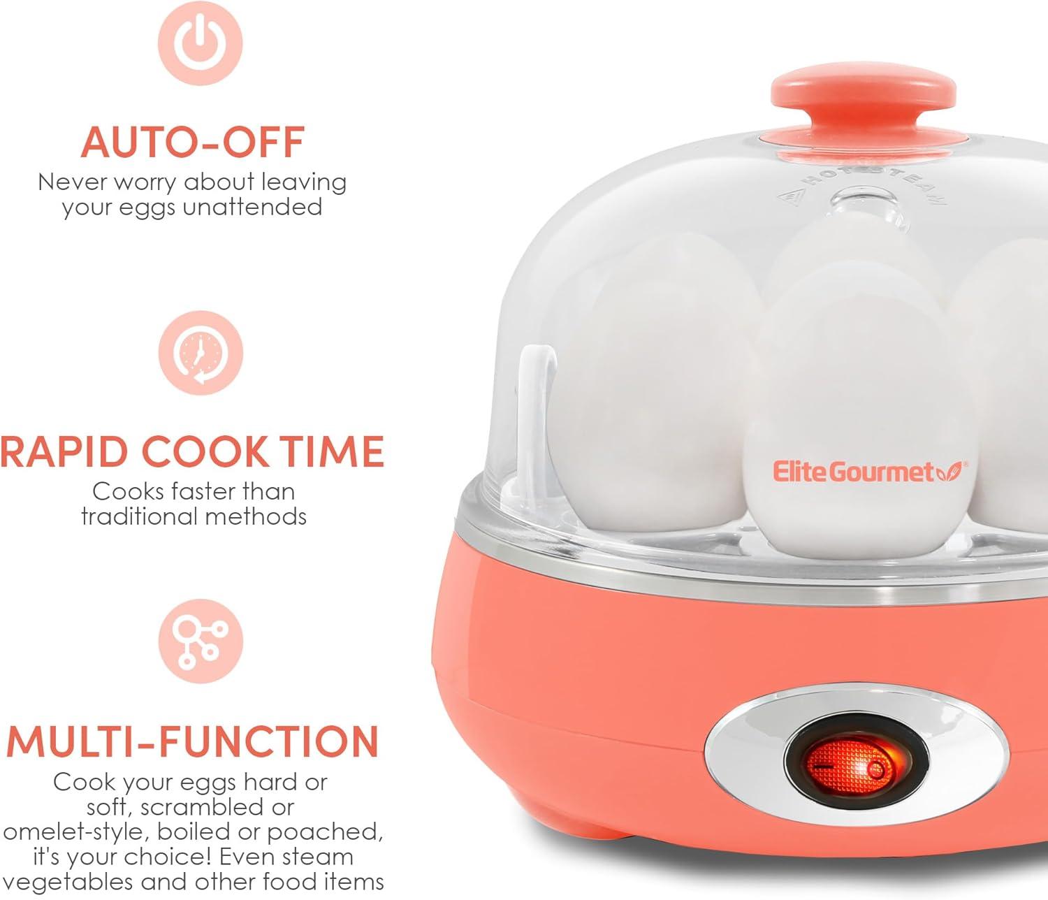 imageElite Gourmet EGC007CHC Rapid Egg Cooker 7 EasyToPeel Hard Medium Soft Boiled Eggs Poacher Omelet Maker Auto ShutOff Alarm 16Recipe Booklet Charcoal GreyCoral