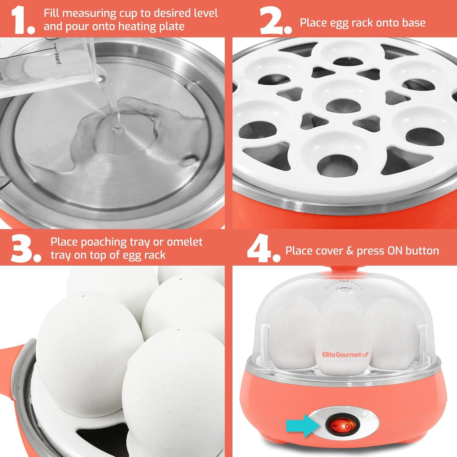 imageElite Gourmet EGC007CHC Rapid Egg Cooker 7 EasyToPeel Hard Medium Soft Boiled Eggs Poacher Omelet Maker Auto ShutOff Alarm 16Recipe Booklet Charcoal GreyCoral