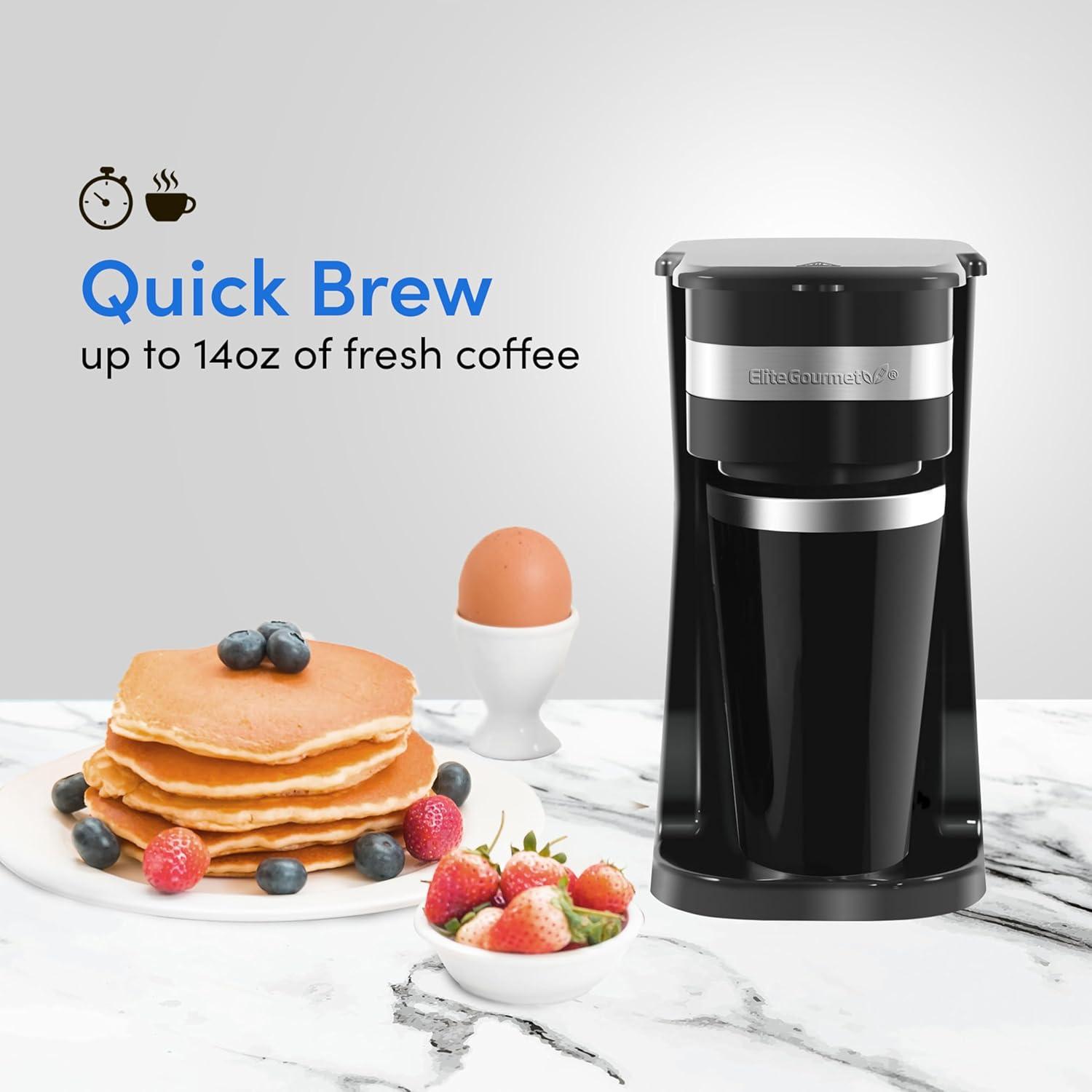 imageElite Gourmet EHC111A Personal SingleServe Compact Coffee Maker Brewer Includes 14Oz Stainless Steel Interior Thermal Travel Mug Compatible with Coffee Grounds Reusable Filter BlackBlackStainless Steel