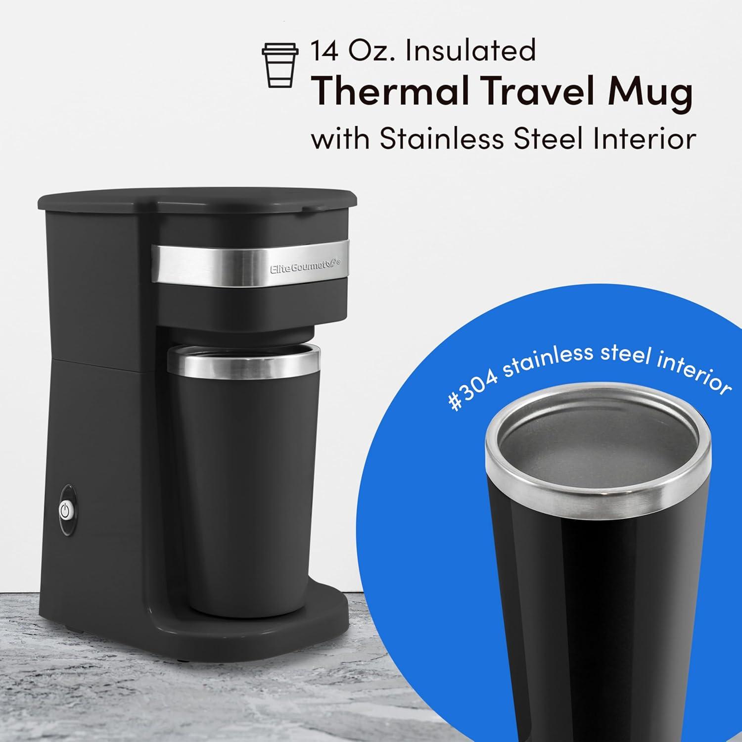 imageElite Gourmet EHC111A Personal SingleServe Compact Coffee Maker Brewer Includes 14Oz Stainless Steel Interior Thermal Travel Mug Compatible with Coffee Grounds Reusable Filter BlackBlackStainless Steel
