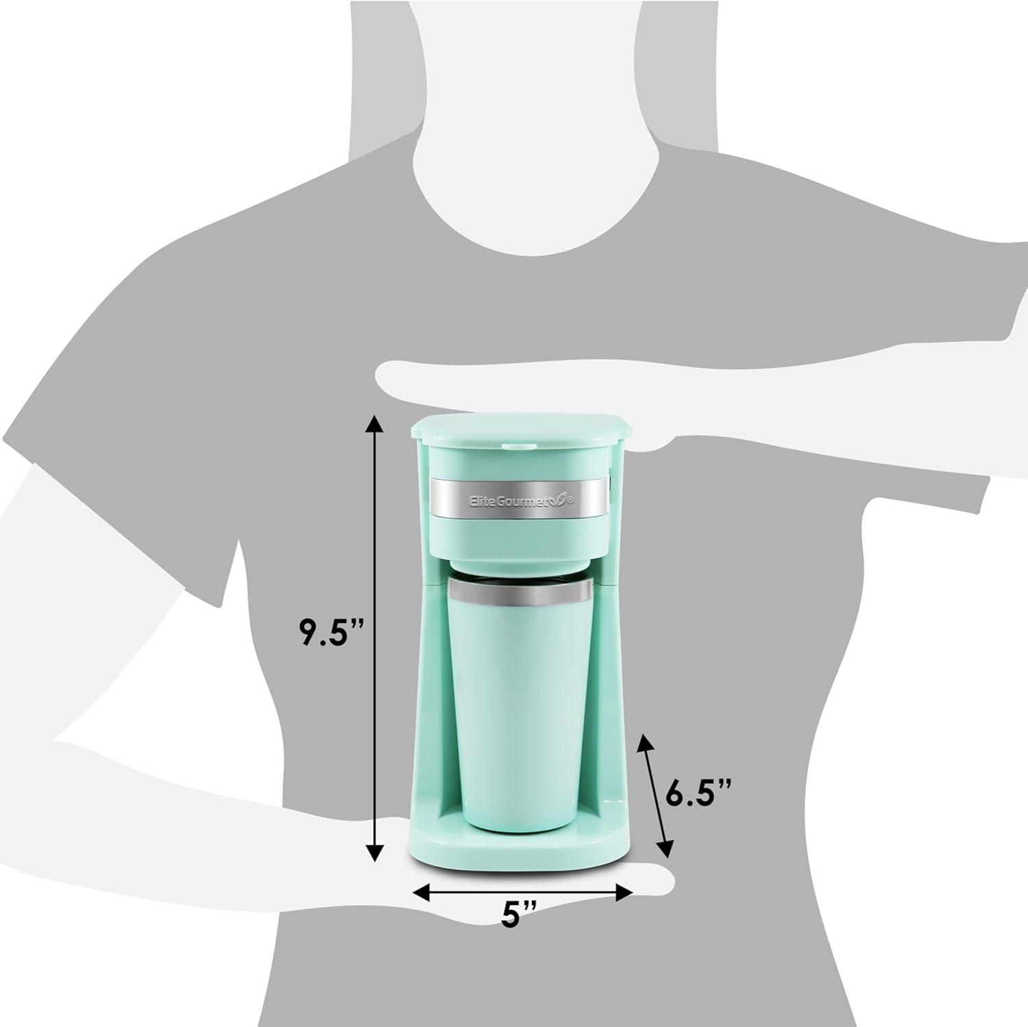 imageElite Gourmet EHC111A Personal SingleServe Compact Coffee Maker Brewer Includes 14Oz Stainless Steel Interior Thermal Travel Mug Compatible with Coffee Grounds Reusable Filter BlackMint