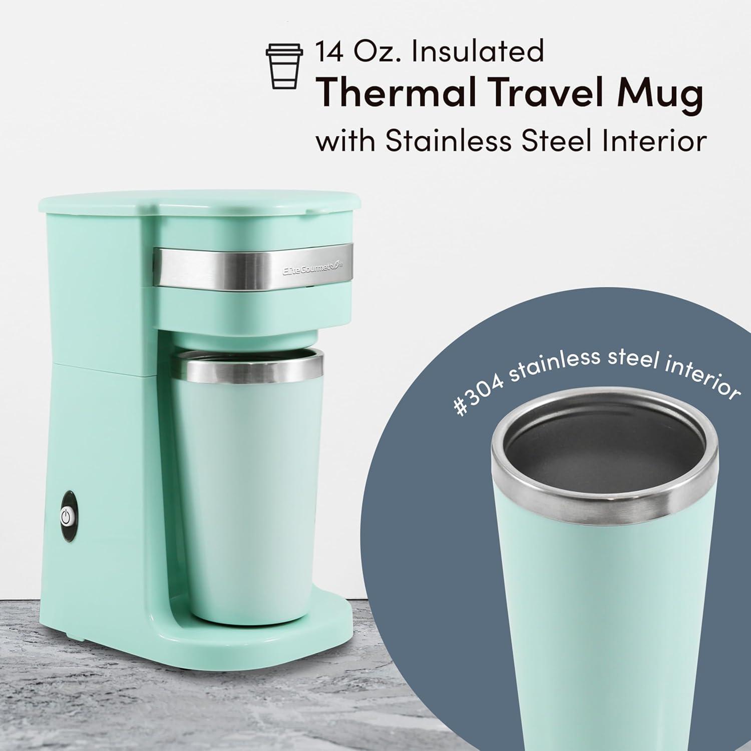 imageElite Gourmet EHC111A Personal SingleServe Compact Coffee Maker Brewer Includes 14Oz Stainless Steel Interior Thermal Travel Mug Compatible with Coffee Grounds Reusable Filter BlackMint