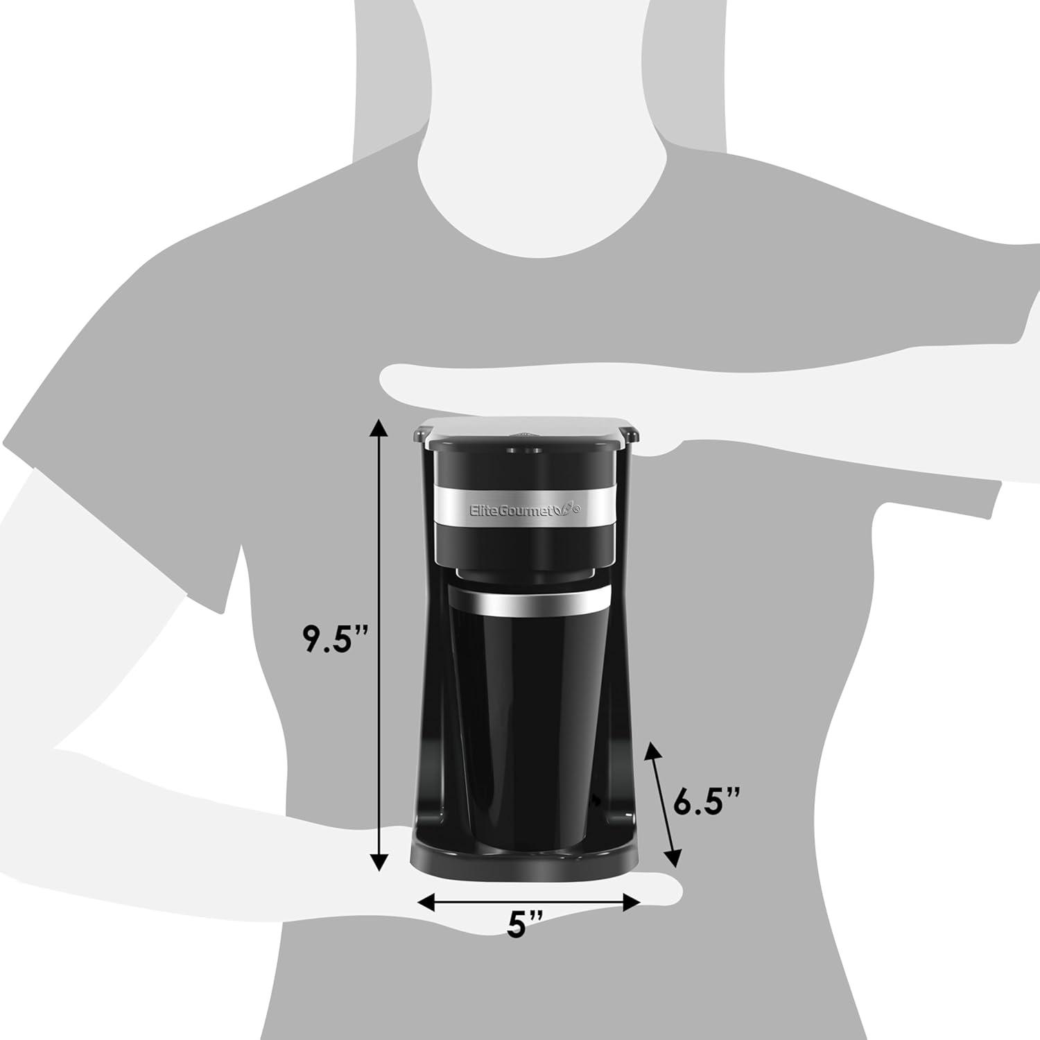 imageElite Gourmet EHC111A Personal SingleServe Compact Coffee Maker Brewer Includes 14Oz Stainless Steel Interior Thermal Travel Mug Compatible with Coffee Grounds Reusable Filter BlackBlackStainless Steel