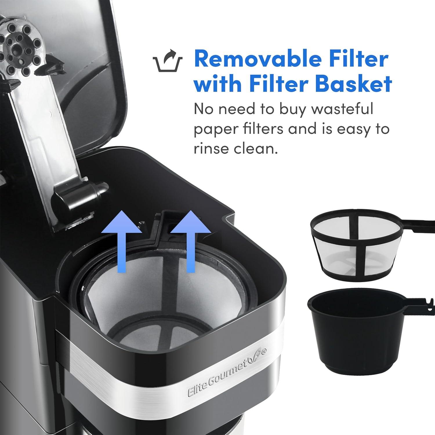 imageElite Gourmet EHC111A Personal SingleServe Compact Coffee Maker Brewer Includes 14Oz Stainless Steel Interior Thermal Travel Mug Compatible with Coffee Grounds Reusable Filter BlackBlackStainless Steel
