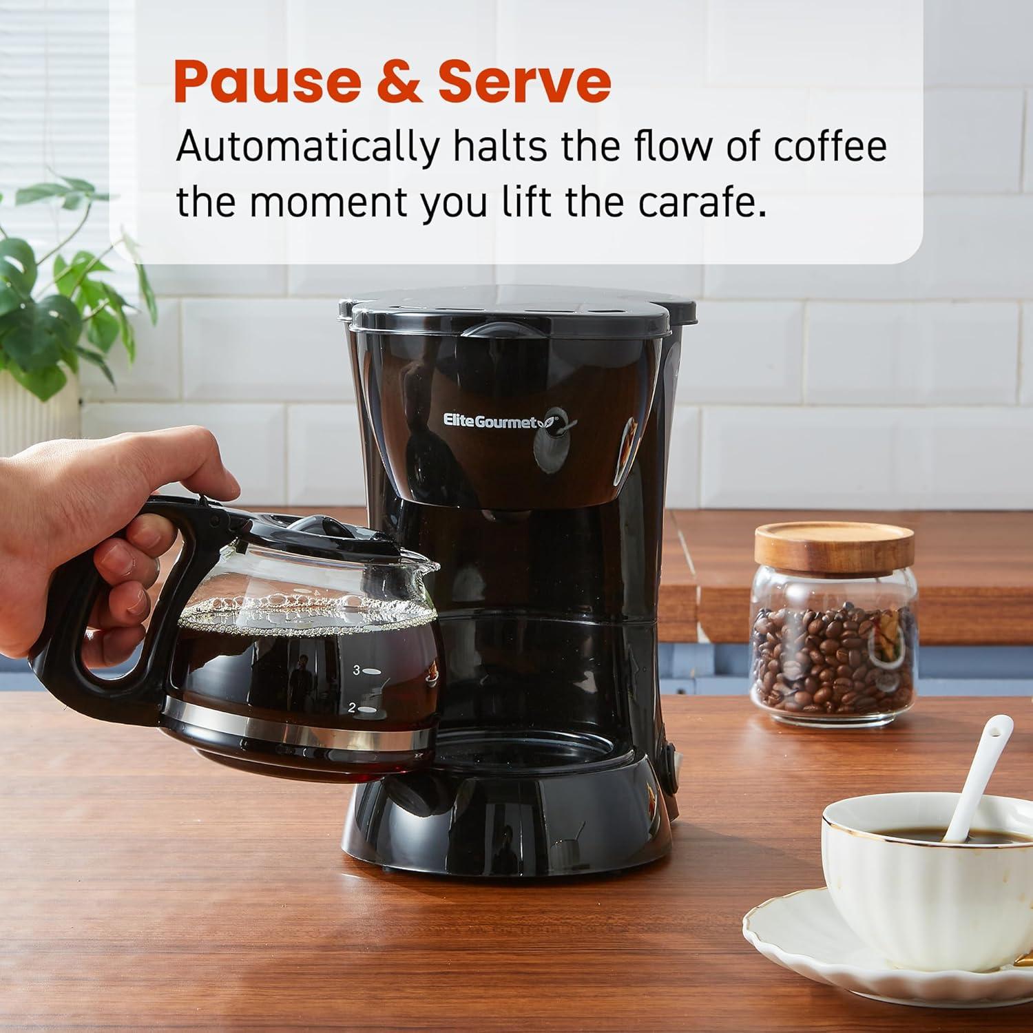 imageElite Gourmet EHC5055 Automatic Brew ampamp Drip Coffee Maker with Pause N Serve Reusable Filter OnOff Switch Water Level Indicator BlackBlack