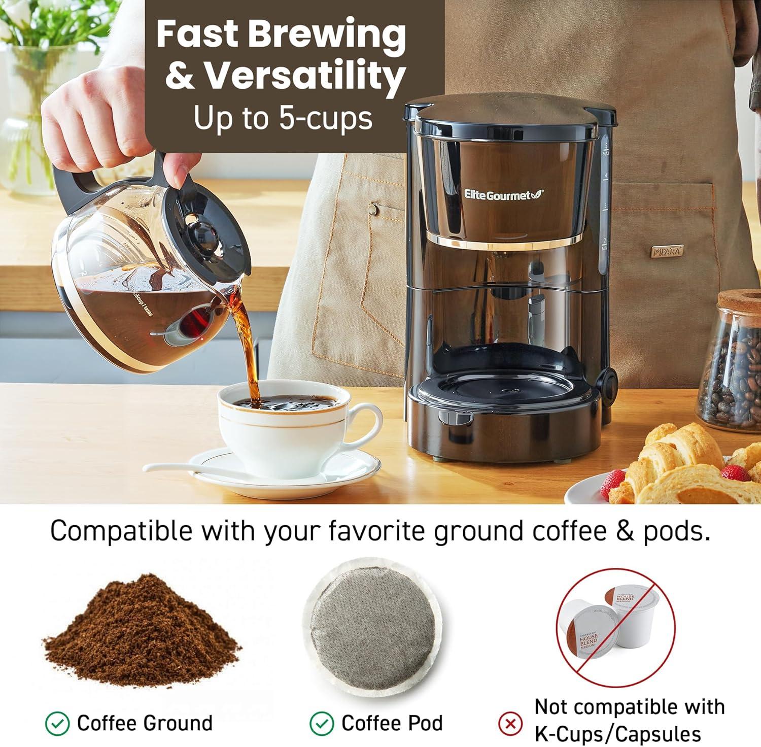 imageElite Gourmet EHC5055 Automatic Brew ampamp Drip Coffee Maker with Pause N Serve Reusable Filter OnOff Switch Water Level Indicator BlackBlack