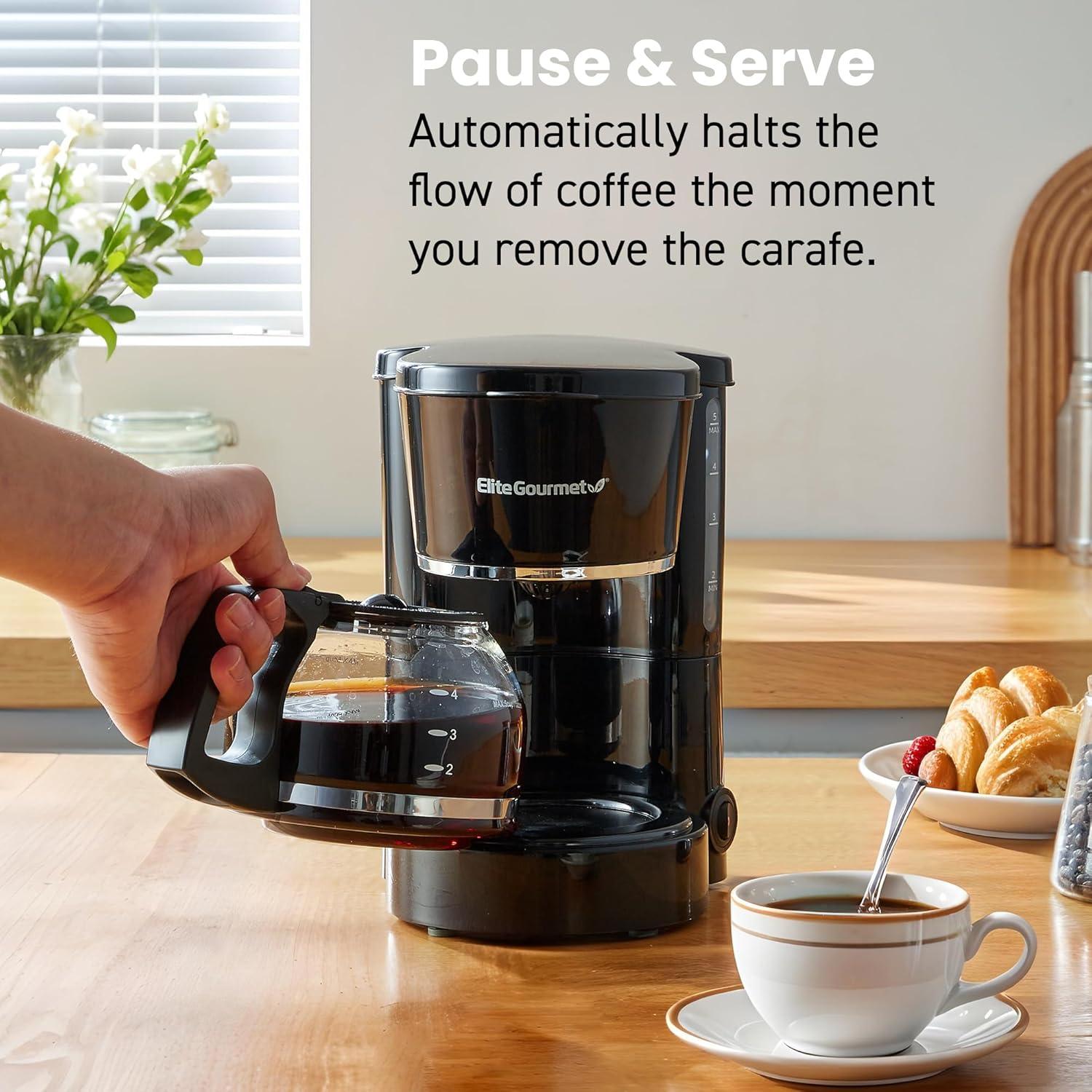 imageElite Gourmet EHC5055 Automatic Brew ampamp Drip Coffee Maker with Pause N Serve Reusable Filter OnOff Switch Water Level Indicator BlackBlack
