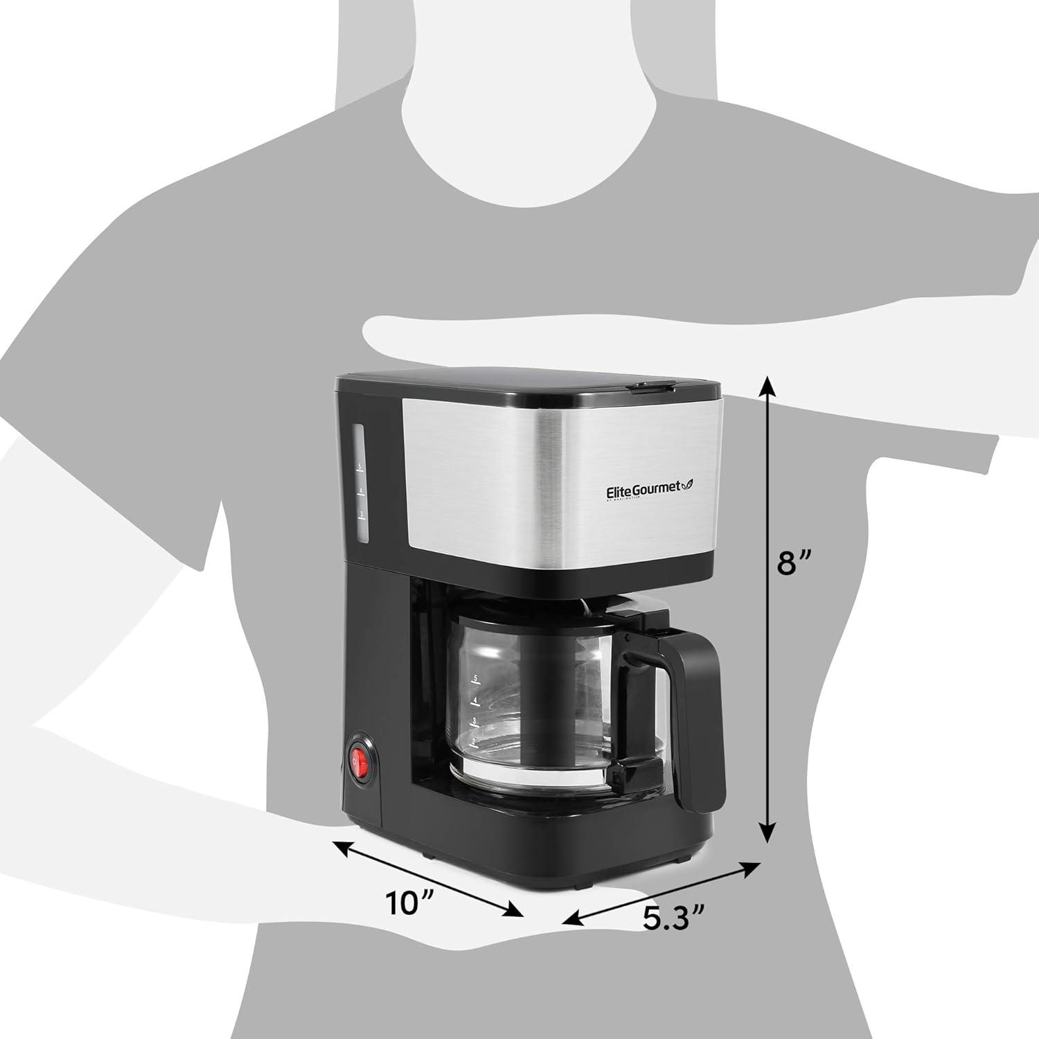 imageElite Gourmet EHC5055 Automatic Brew ampamp Drip Coffee Maker with Pause N Serve Reusable Filter OnOff Switch Water Level Indicator BlackStainless Steel