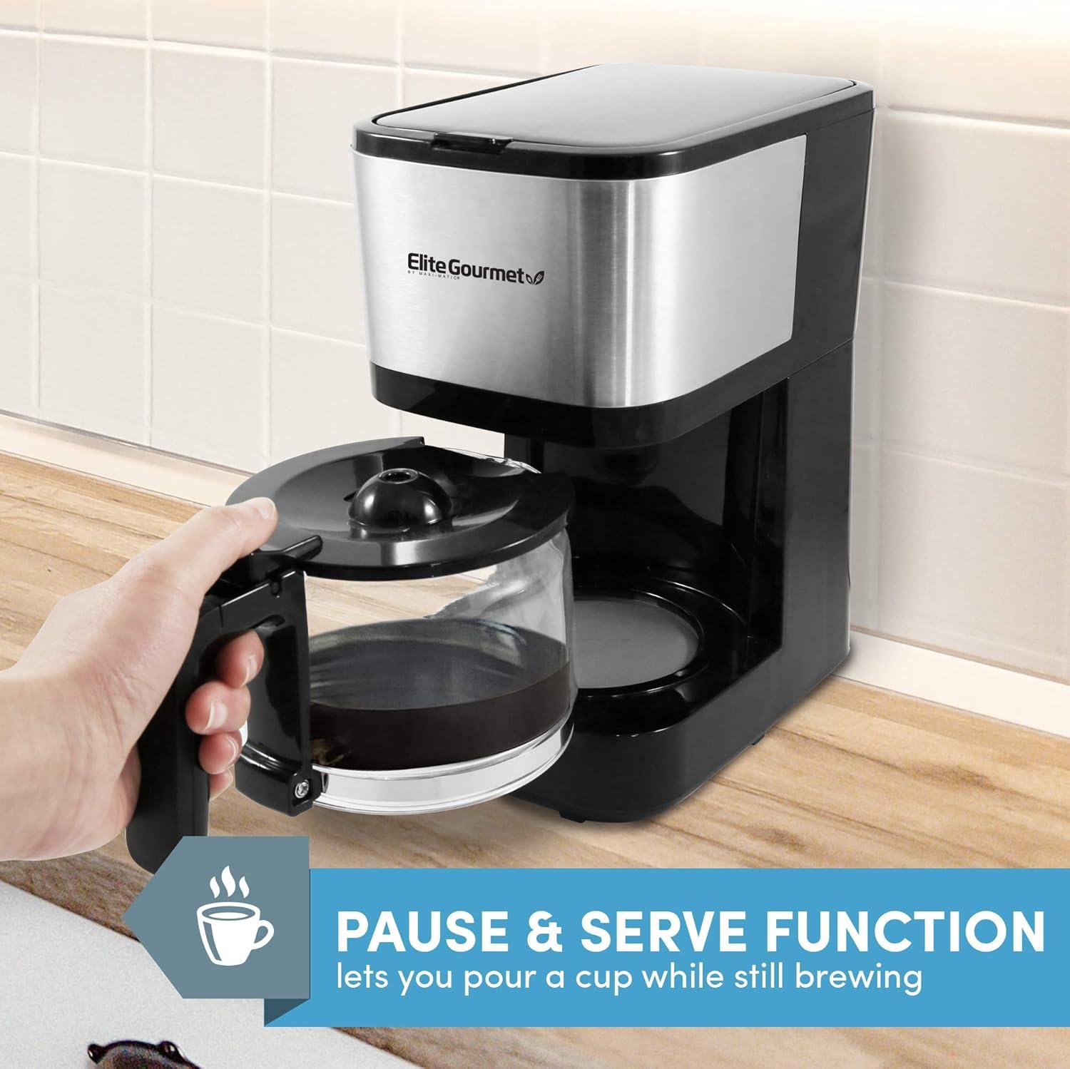imageElite Gourmet EHC5055 Automatic Brew ampamp Drip Coffee Maker with Pause N Serve Reusable Filter OnOff Switch Water Level Indicator BlackStainless Steel