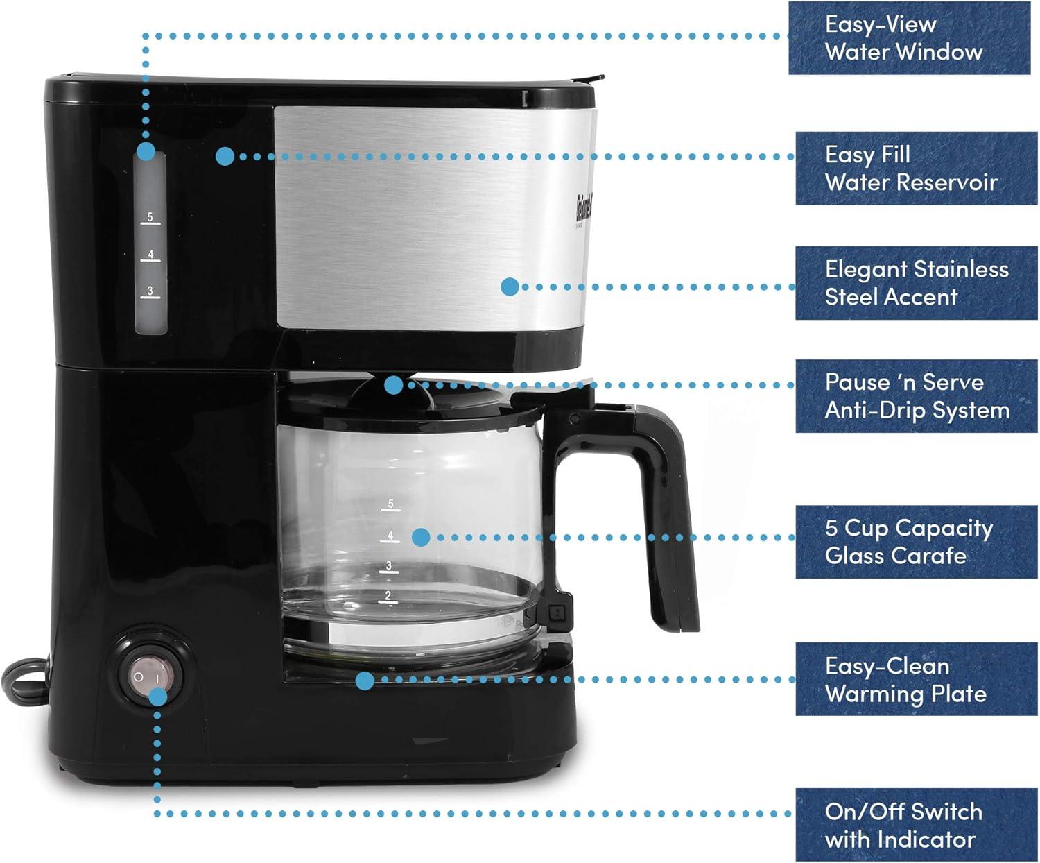 imageElite Gourmet EHC5055 Automatic Brew ampamp Drip Coffee Maker with Pause N Serve Reusable Filter OnOff Switch Water Level Indicator BlackStainless Steel