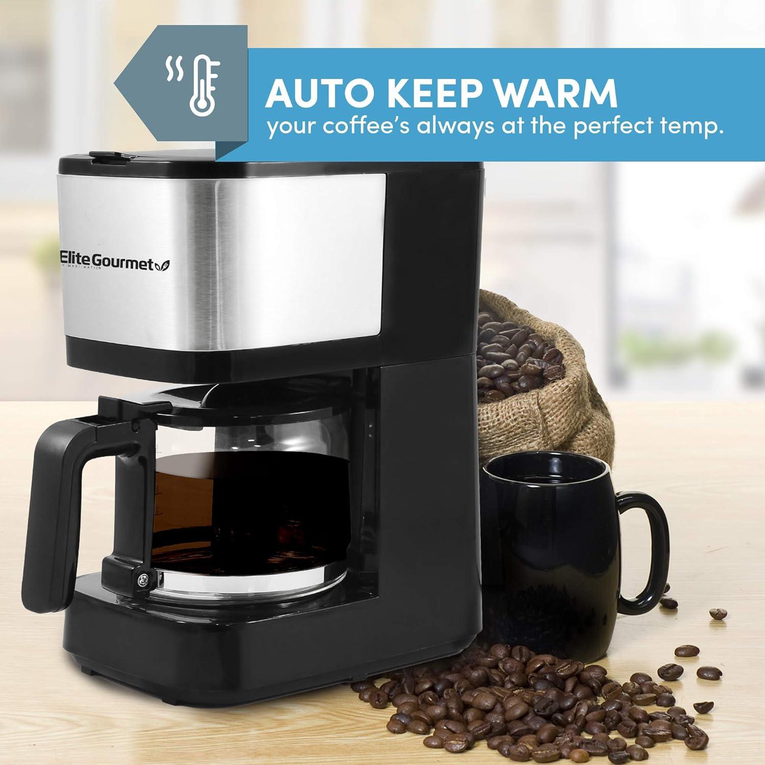 imageElite Gourmet EHC5055 Automatic Brew ampamp Drip Coffee Maker with Pause N Serve Reusable Filter OnOff Switch Water Level Indicator BlackStainless Steel