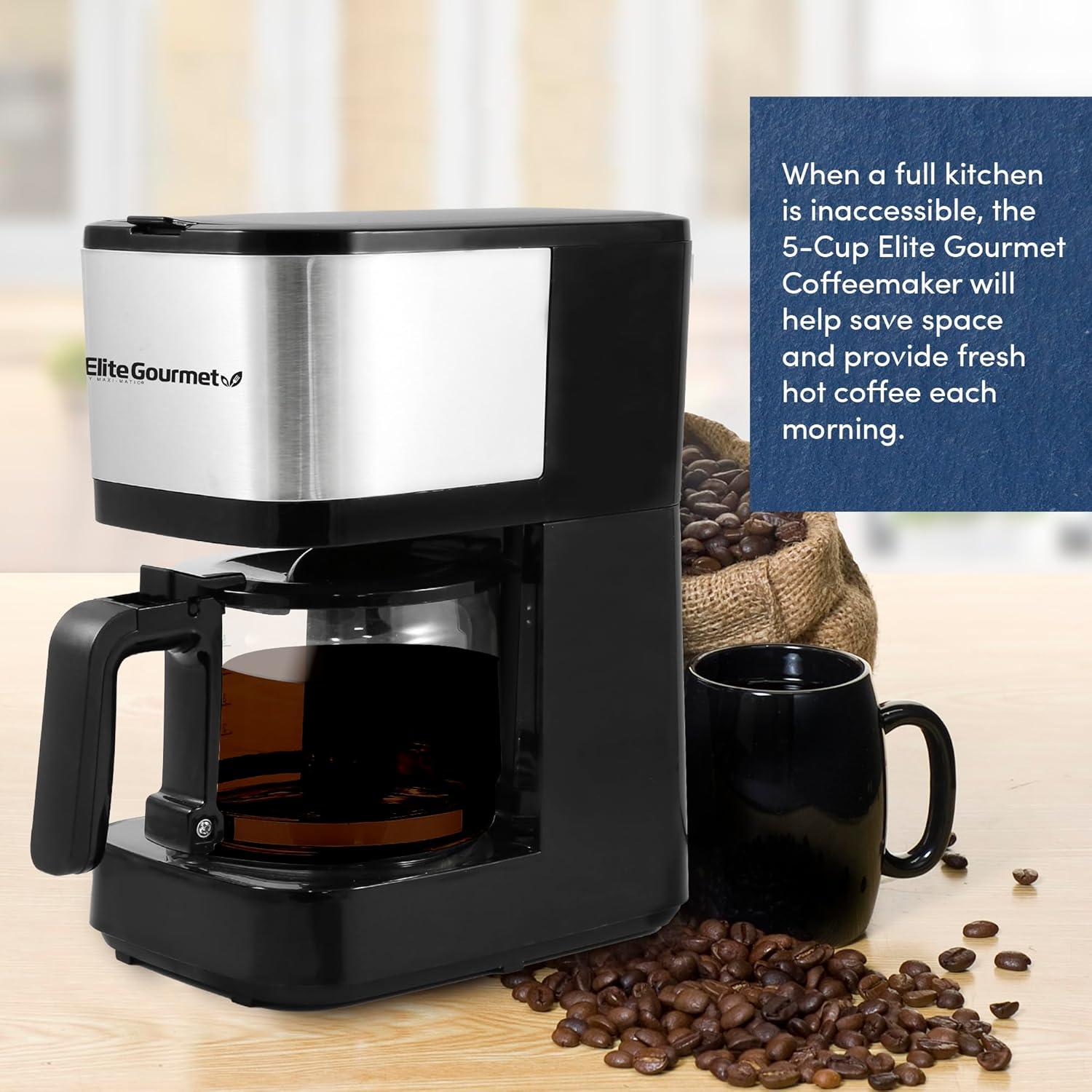imageElite Gourmet EHC5055 Automatic Brew ampamp Drip Coffee Maker with Pause N Serve Reusable Filter OnOff Switch Water Level Indicator BlackStainless Steel