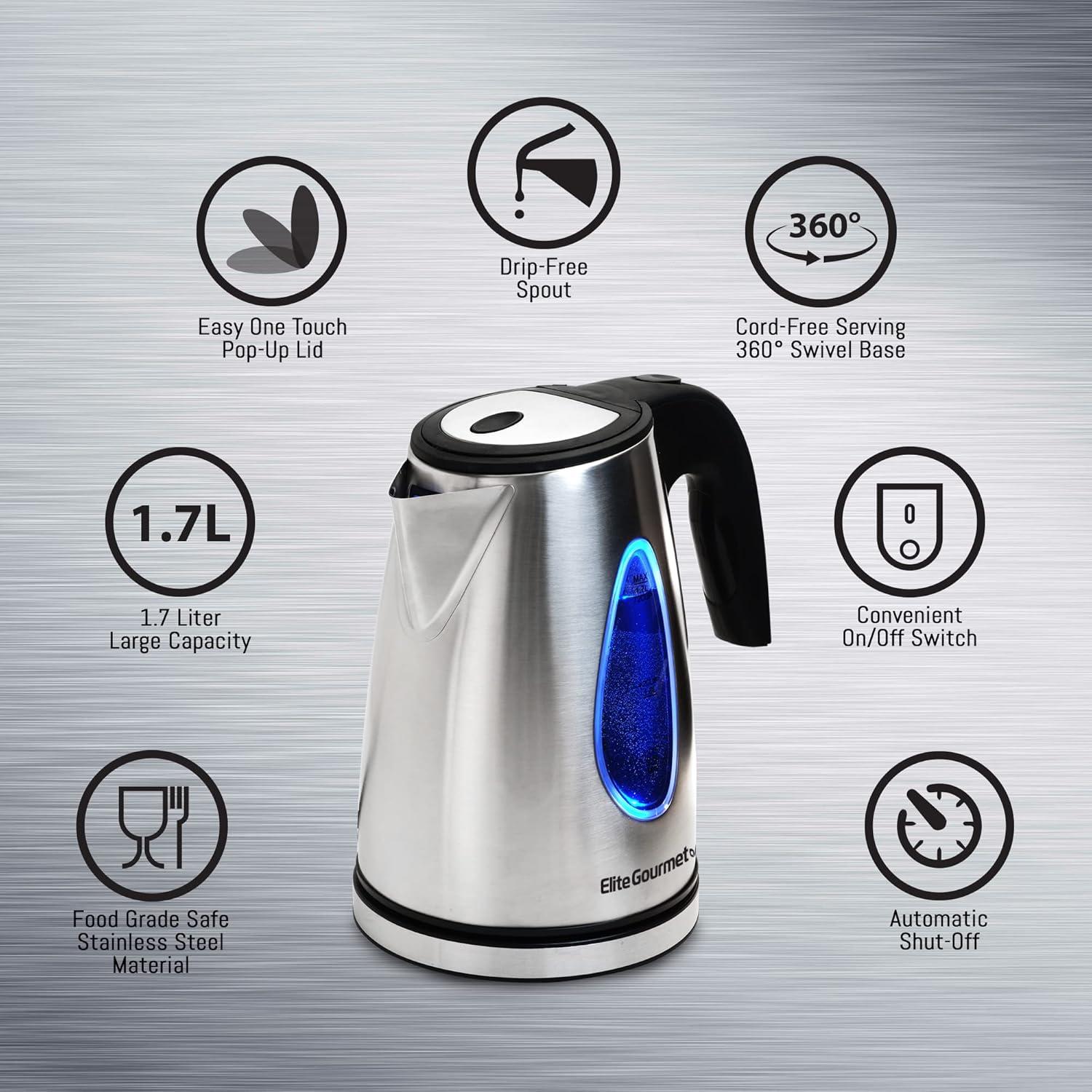 imageElite Gourmet EKT602 Electric BPAFree Glass Kettle Cordless 360 Base Stylish Blue LED Interior Handy Auto ShutOff Function  Quickly Boil Water For Tea ampamp MoreStainless Steel