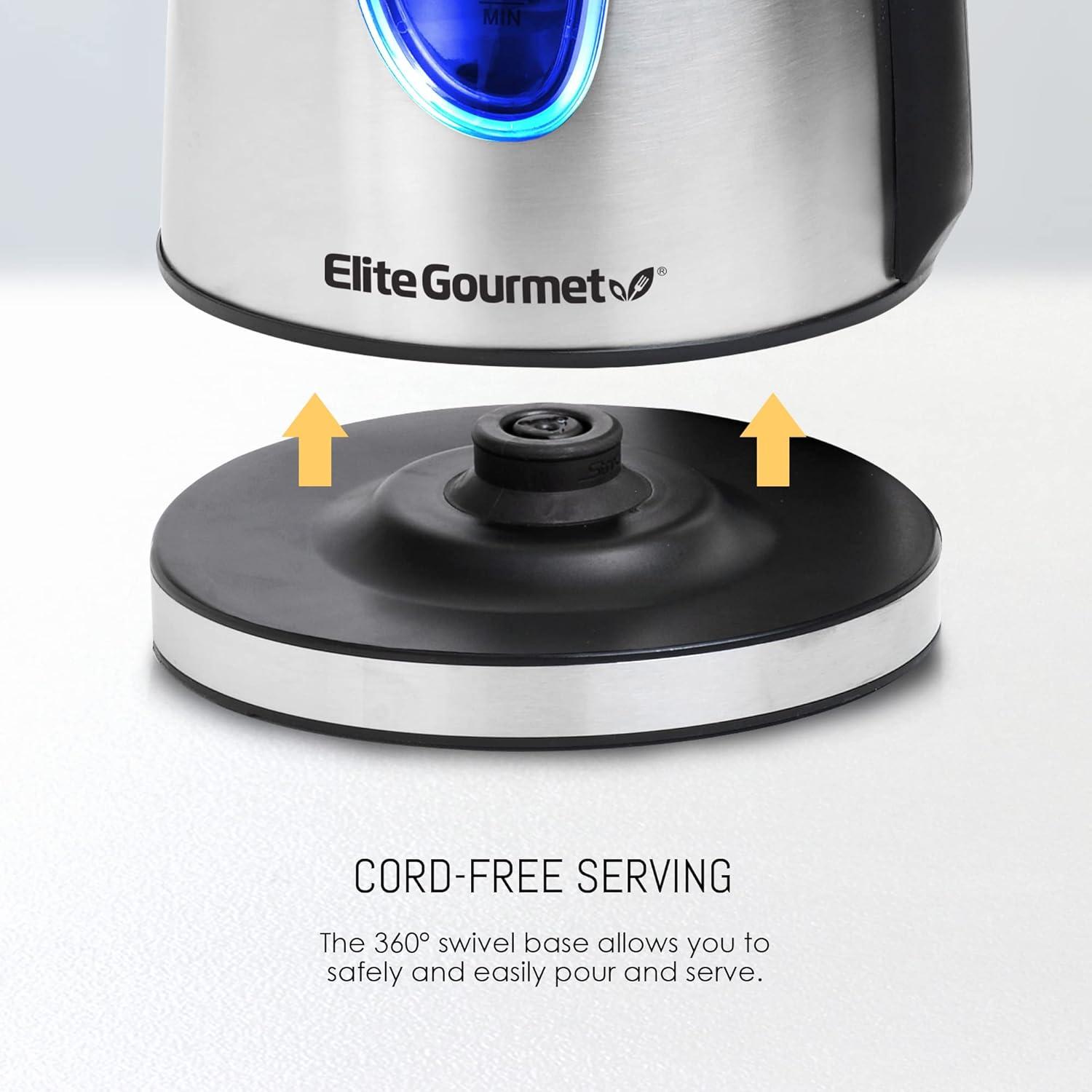imageElite Gourmet EKT602 Electric BPAFree Glass Kettle Cordless 360 Base Stylish Blue LED Interior Handy Auto ShutOff Function  Quickly Boil Water For Tea ampamp MoreStainless Steel