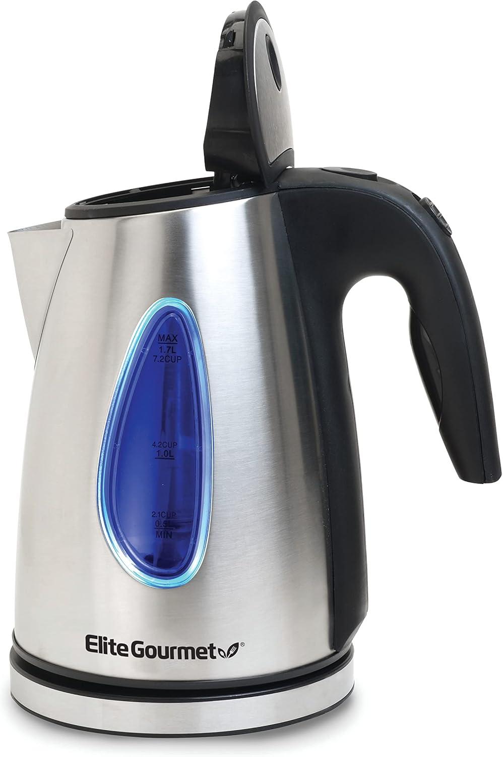 imageElite Gourmet EKT602 Electric BPAFree Glass Kettle Cordless 360 Base Stylish Blue LED Interior Handy Auto ShutOff Function  Quickly Boil Water For Tea ampamp MoreStainless Steel