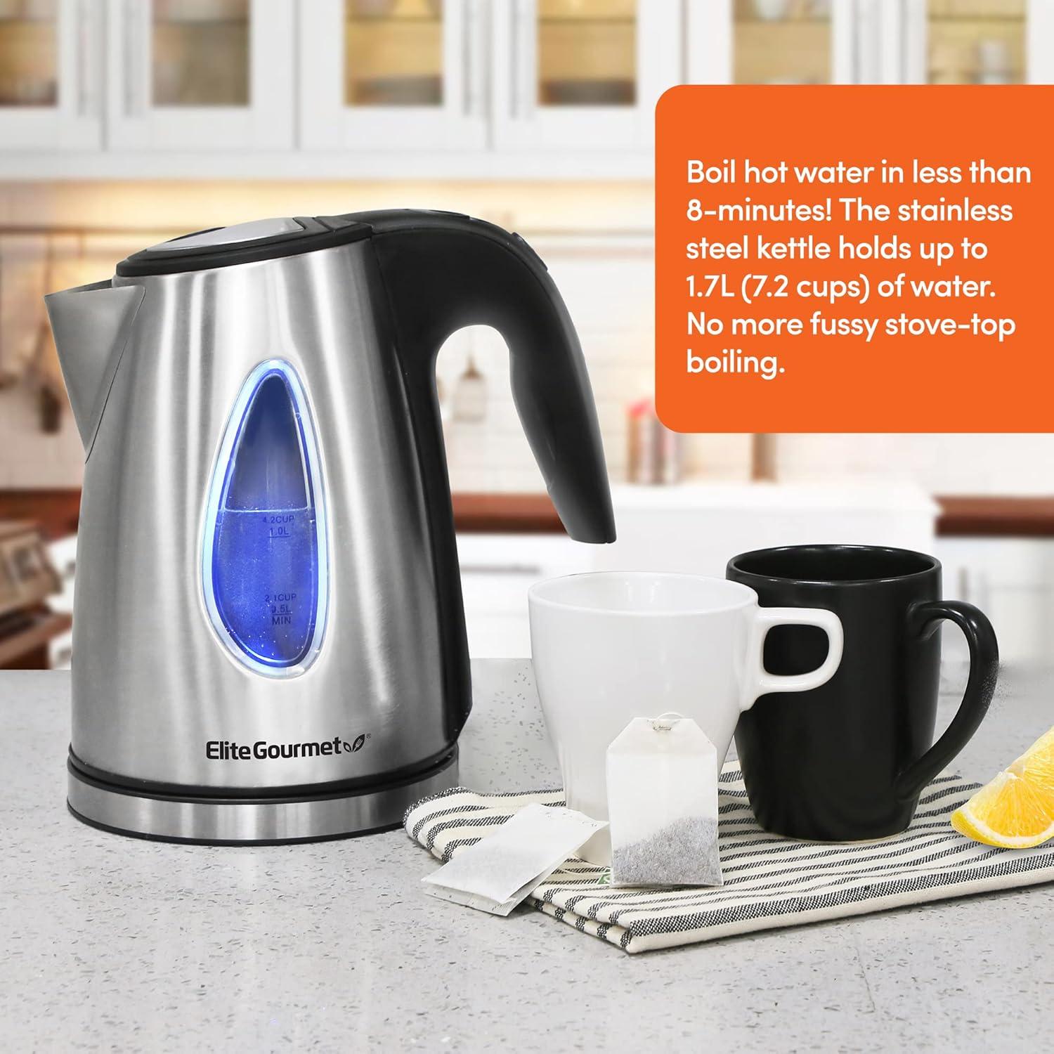 imageElite Gourmet EKT602 Electric BPAFree Glass Kettle Cordless 360 Base Stylish Blue LED Interior Handy Auto ShutOff Function  Quickly Boil Water For Tea ampamp MoreStainless Steel