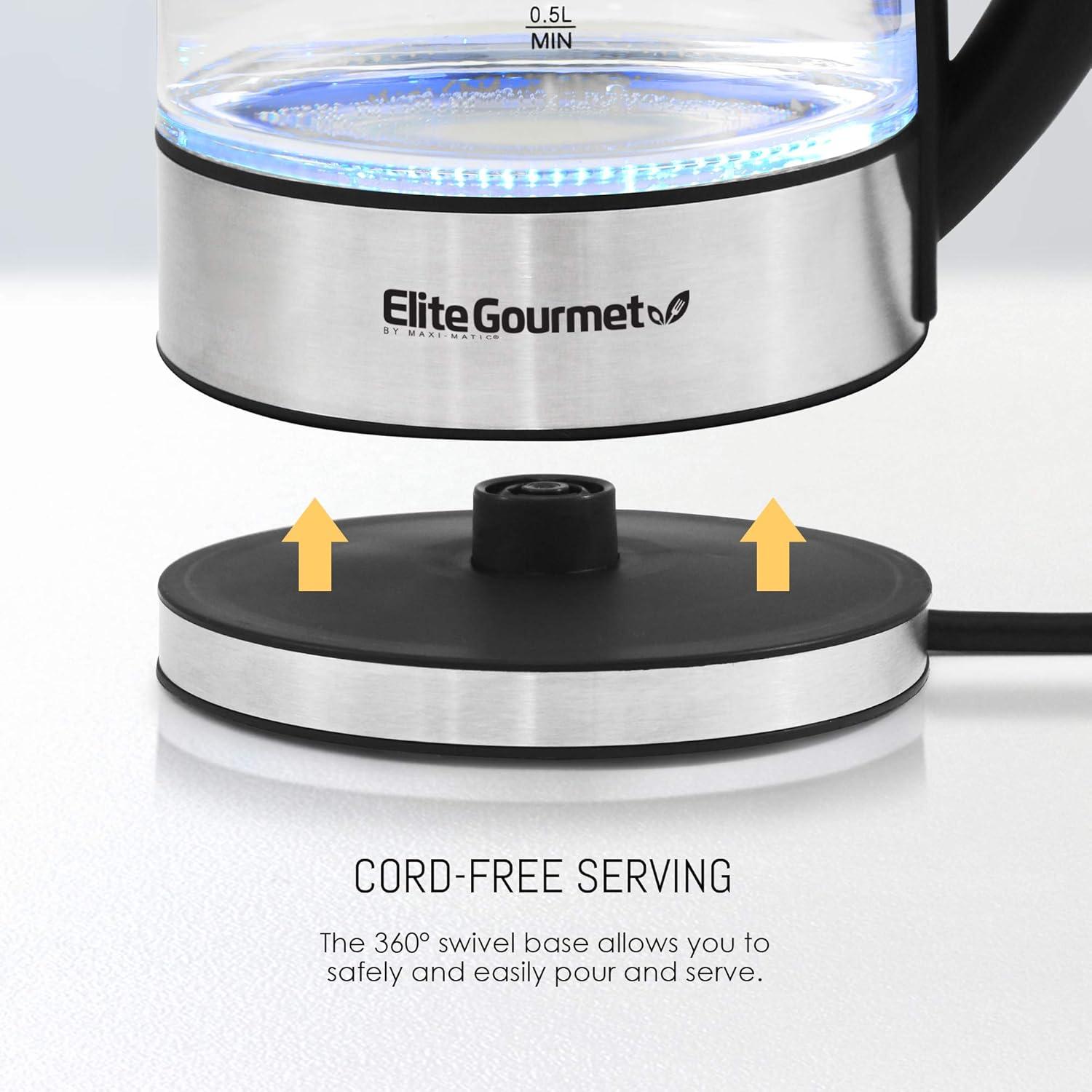 imageElite Gourmet EKT602 Electric BPAFree Glass Kettle Cordless 360 Base Stylish Blue LED Interior Handy Auto ShutOff Function  Quickly Boil Water For Tea ampamp MoreGlass