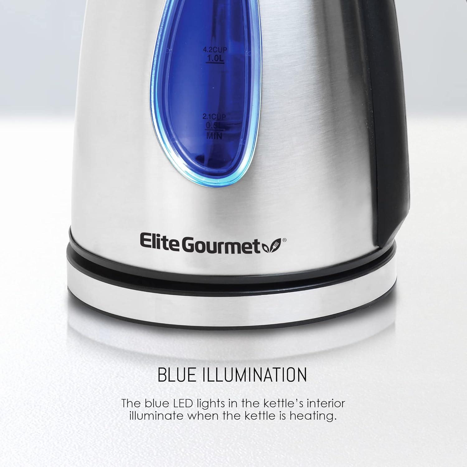 imageElite Gourmet EKT602 Electric BPAFree Glass Kettle Cordless 360 Base Stylish Blue LED Interior Handy Auto ShutOff Function  Quickly Boil Water For Tea ampamp MoreStainless Steel