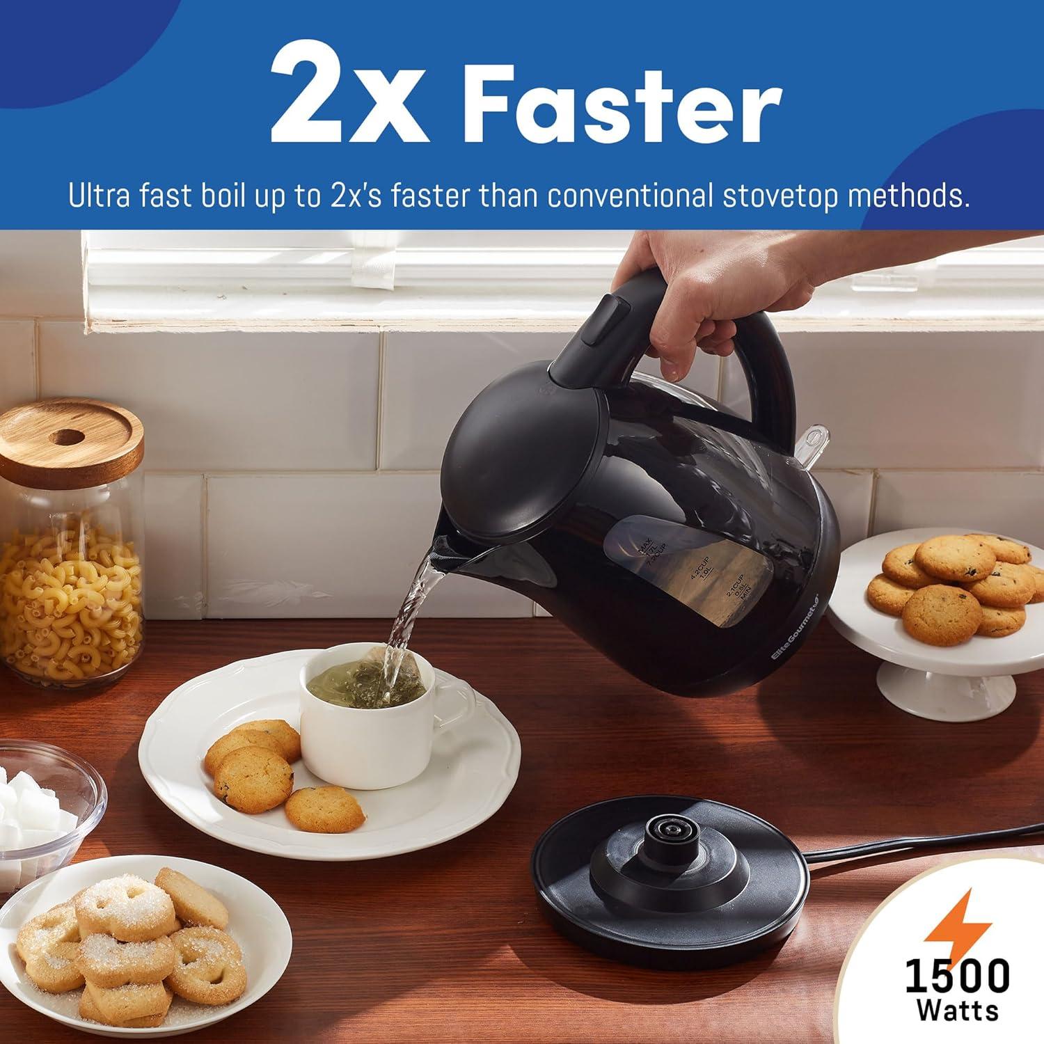 imageElite Gourmet EKT602 Electric BPAFree Glass Kettle Cordless 360 Base Stylish Blue LED Interior Handy Auto ShutOff Function  Quickly Boil Water For Tea ampamp MoreBlack