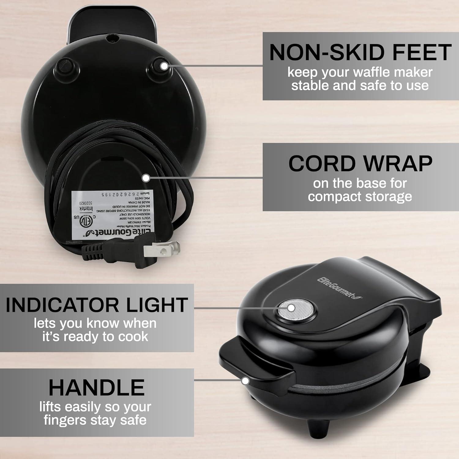 imageElite Gourmet EWM013B Electric Nonstick Mini Waffle Maker with 5inch cooking surface Belgian Waffles Compact Design Hash Browns Keto Snacks Sandwich Eggs Easy to Clean BlackBlack