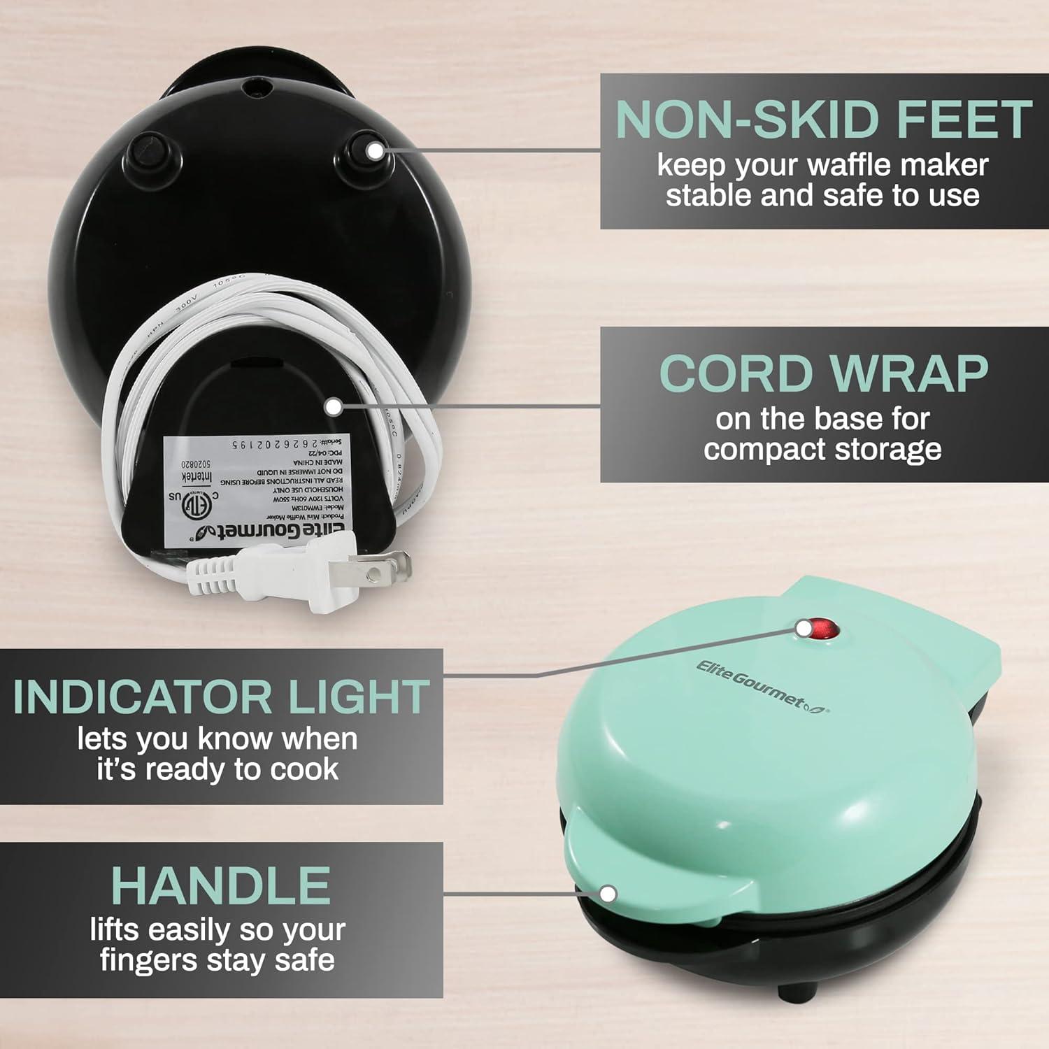 imageElite Gourmet EWM015M Electric Nonstick 45inch Mini Waffle Maker Belgian Waffles Compact Design Hash Browns Keto Snacks Sandwich Eggs Easy to Clean MintBlue