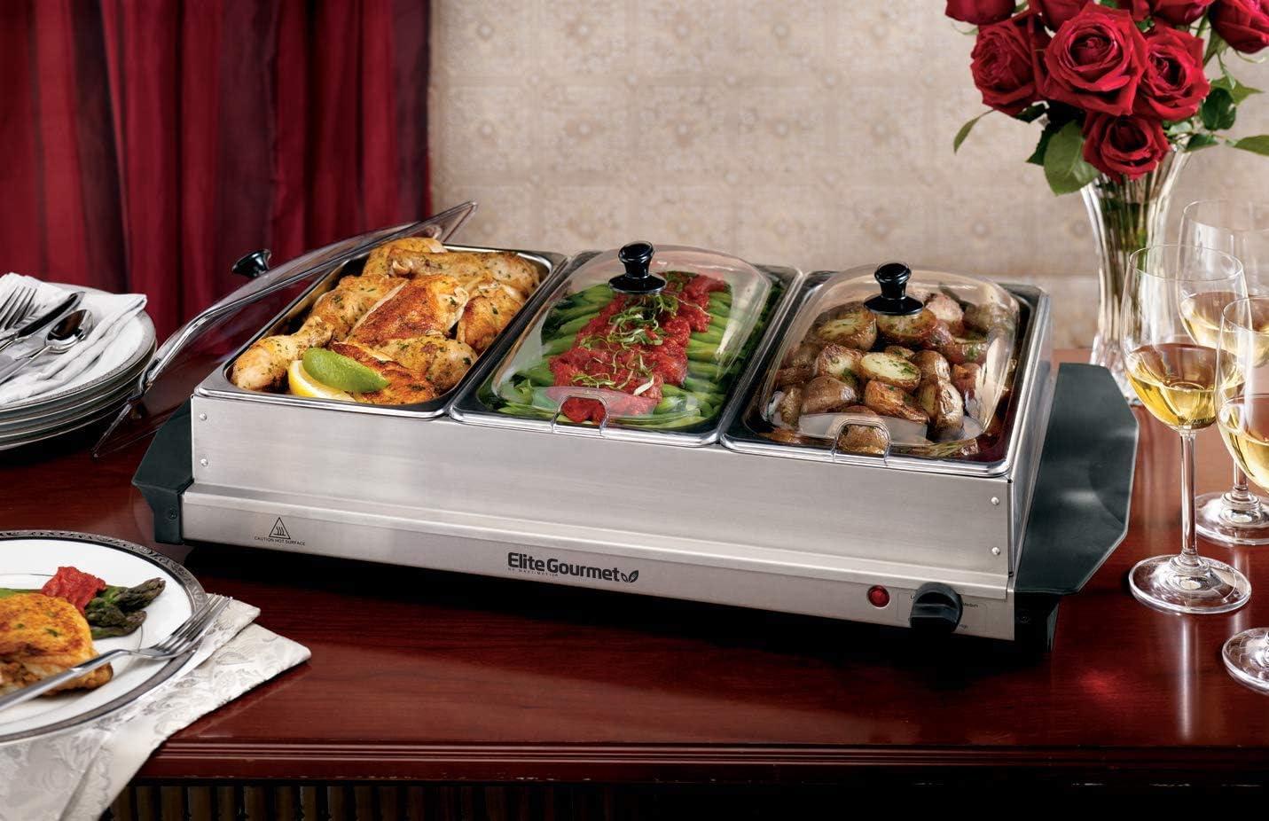 imageElite Gourmet EWM6122 Dual 2 x 25 Qt Trays Buffet Server Food Warmer Temperature Control Clear Slotted Lids Perfect for Parties Entertaining ampamp Holidays 5 Qt Total Stainless Steel75 Quart  3 Trays