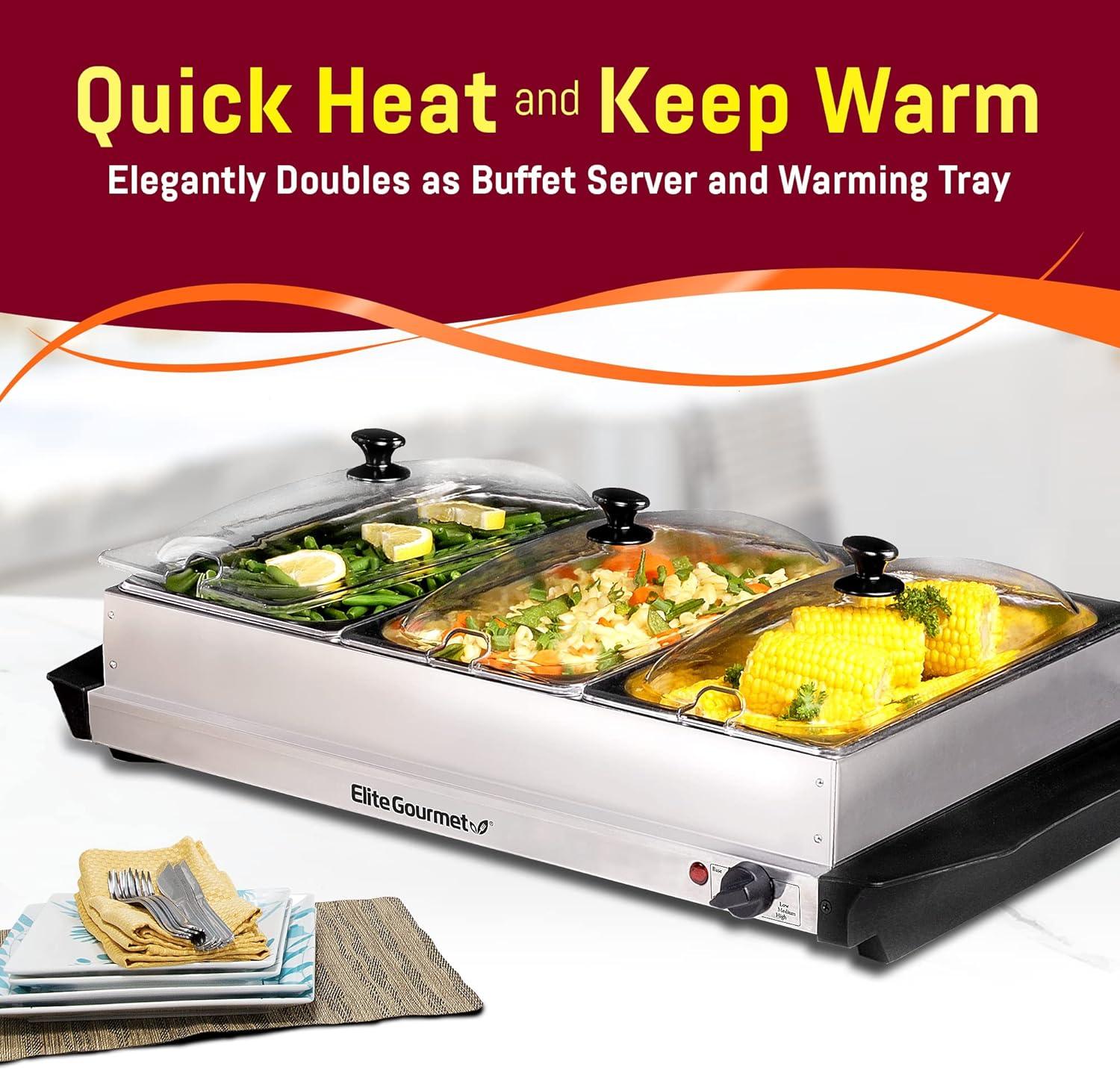 imageElite Gourmet EWM6122 Dual 2 x 25 Qt Trays Buffet Server Food Warmer Temperature Control Clear Slotted Lids Perfect for Parties Entertaining ampamp Holidays 5 Qt Total Stainless Steel75 Quart  3 Trays