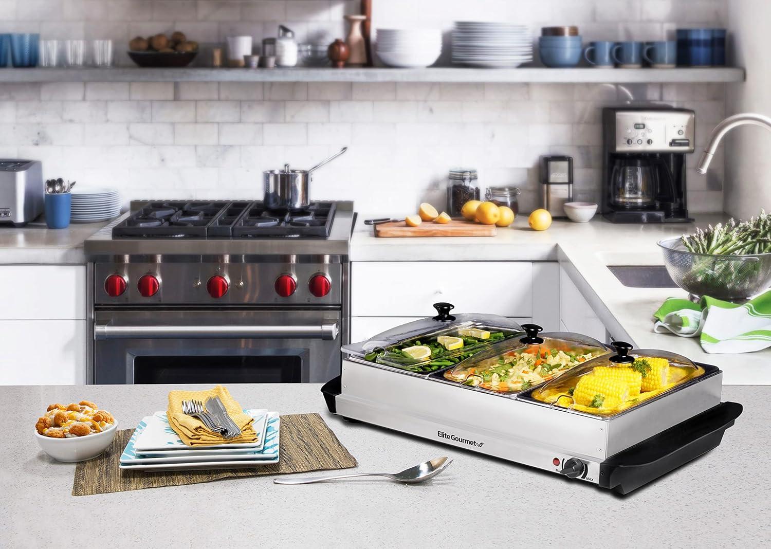 imageElite Gourmet EWM6122 Dual 2 x 25 Qt Trays Buffet Server Food Warmer Temperature Control Clear Slotted Lids Perfect for Parties Entertaining ampamp Holidays 5 Qt Total Stainless Steel75 Quart  3 Trays