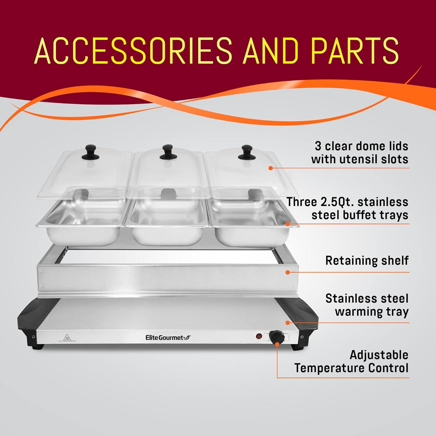 imageElite Gourmet EWM6122 Dual 2 x 25 Qt Trays Buffet Server Food Warmer Temperature Control Clear Slotted Lids Perfect for Parties Entertaining ampamp Holidays 5 Qt Total Stainless Steel75 Quart  3 Trays