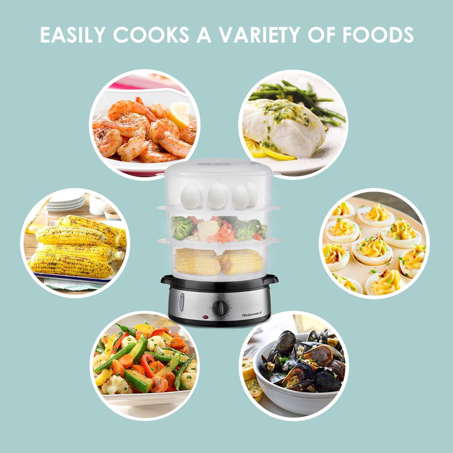 imageElite Gourmet MaxiMatic Electric Food Vegetable Steamer with BPAFree 3 Tier Stackable Nested Basket Trays Auto Shutoff 60min Timer 800W 9 Quart Stainless Steel95 Quart