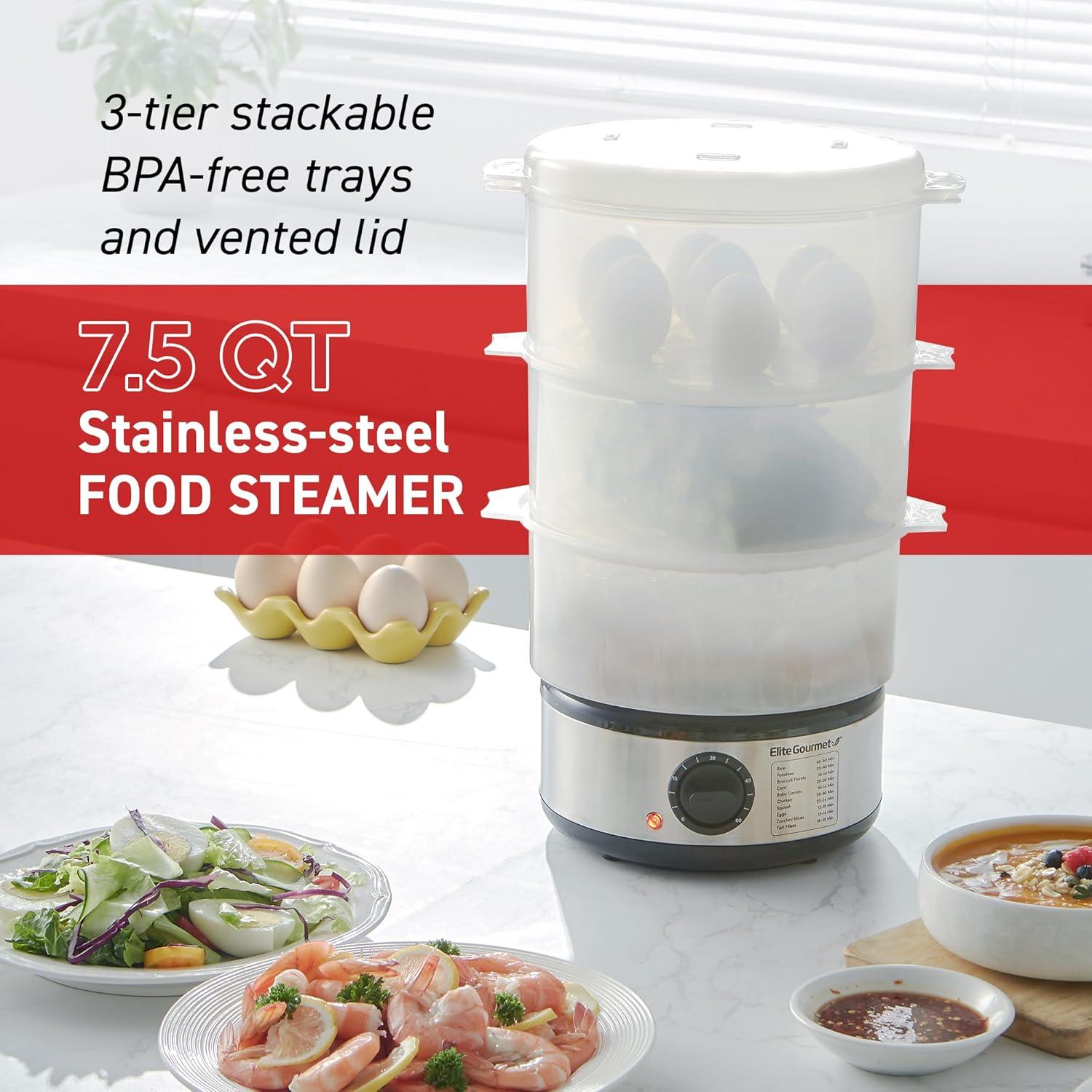 imageElite Gourmet MaxiMatic Electric Food Vegetable Steamer with BPAFree 3 Tier Stackable Nested Basket Trays Auto Shutoff 60min Timer 800W 9 Quart Stainless Steel75 Quart