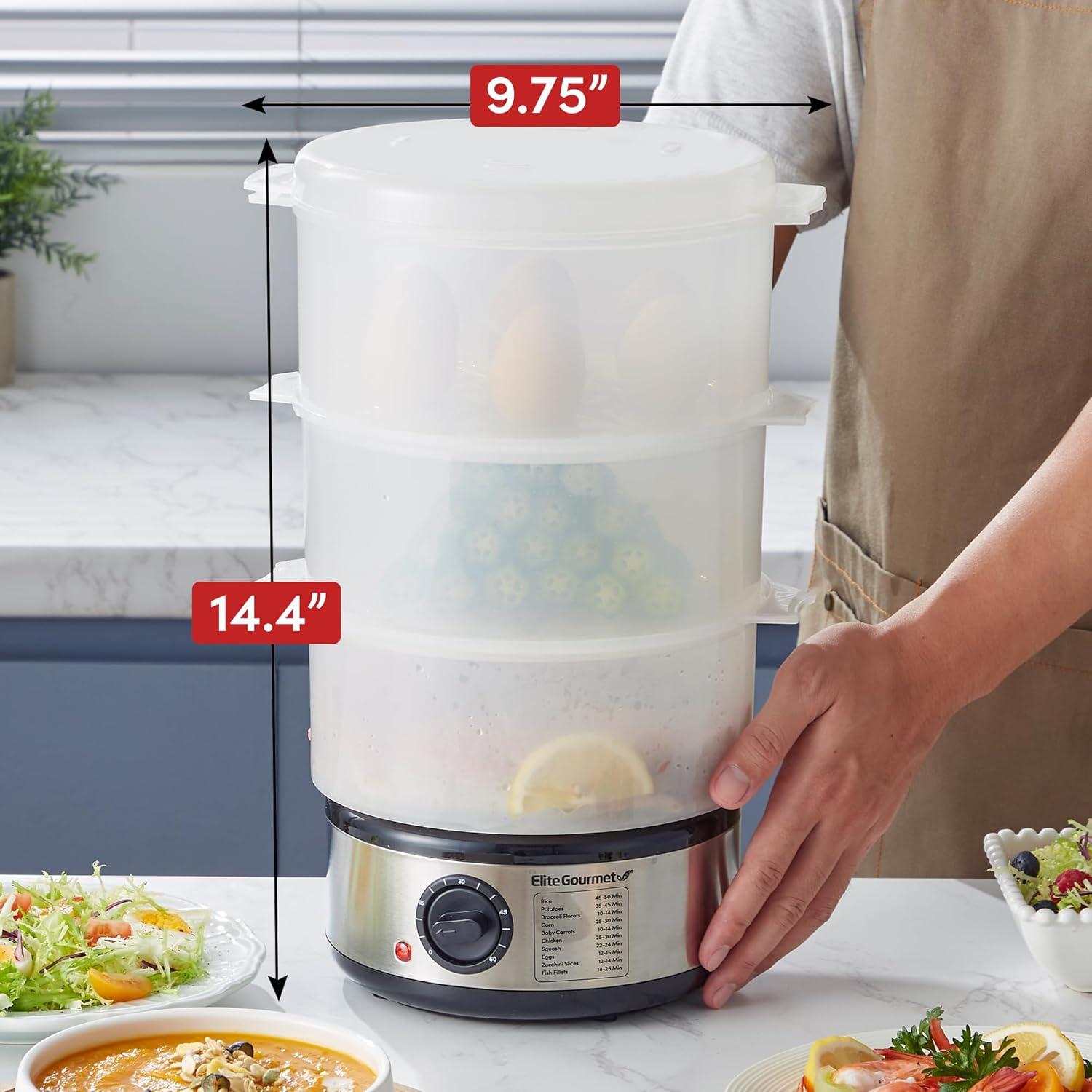 imageElite Gourmet MaxiMatic Electric Food Vegetable Steamer with BPAFree 3 Tier Stackable Nested Basket Trays Auto Shutoff 60min Timer 800W 9 Quart Stainless Steel75 Quart