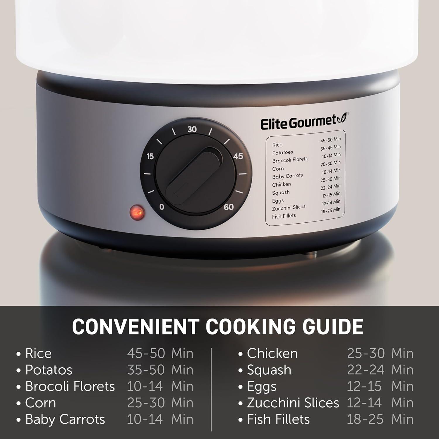 imageElite Gourmet MaxiMatic Electric Food Vegetable Steamer with BPAFree 3 Tier Stackable Nested Basket Trays Auto Shutoff 60min Timer 800W 9 Quart Stainless Steel75 Quart