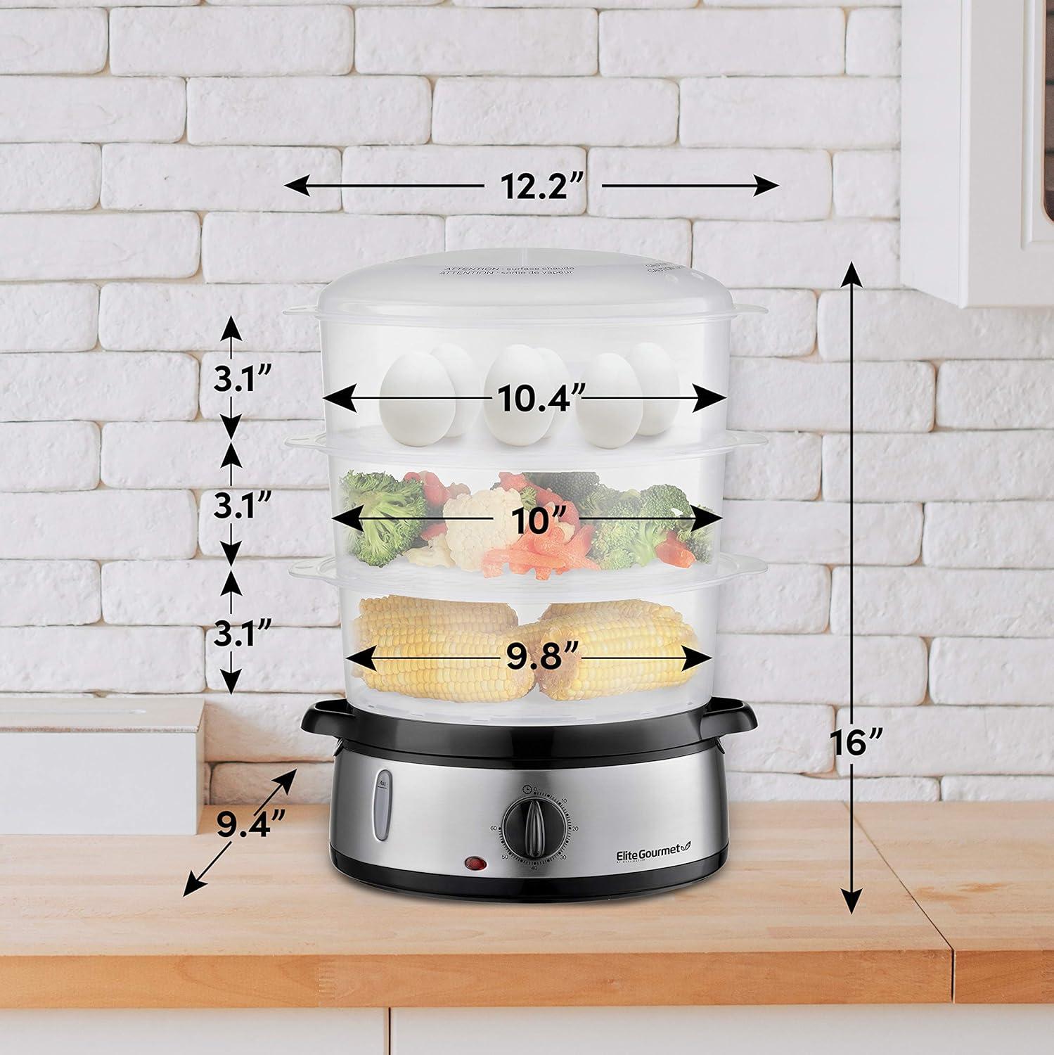 imageElite Gourmet MaxiMatic Electric Food Vegetable Steamer with BPAFree 3 Tier Stackable Nested Basket Trays Auto Shutoff 60min Timer 800W 9 Quart Stainless Steel95 Quart