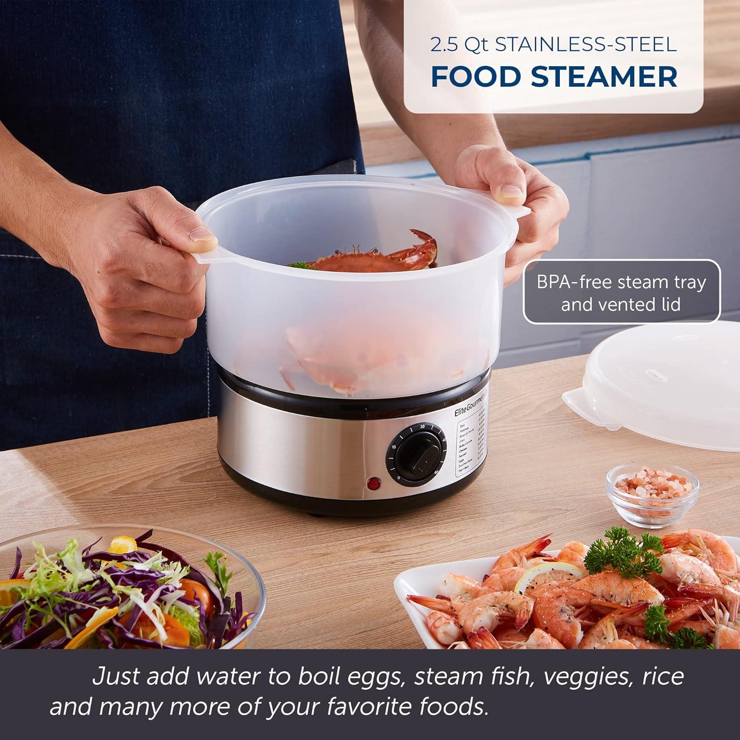 imageElite Gourmet MaxiMatic Electric Food Vegetable Steamer with BPAFree 3 Tier Stackable Nested Basket Trays Auto Shutoff 60min Timer 800W 9 Quart Stainless Steel25 Quart