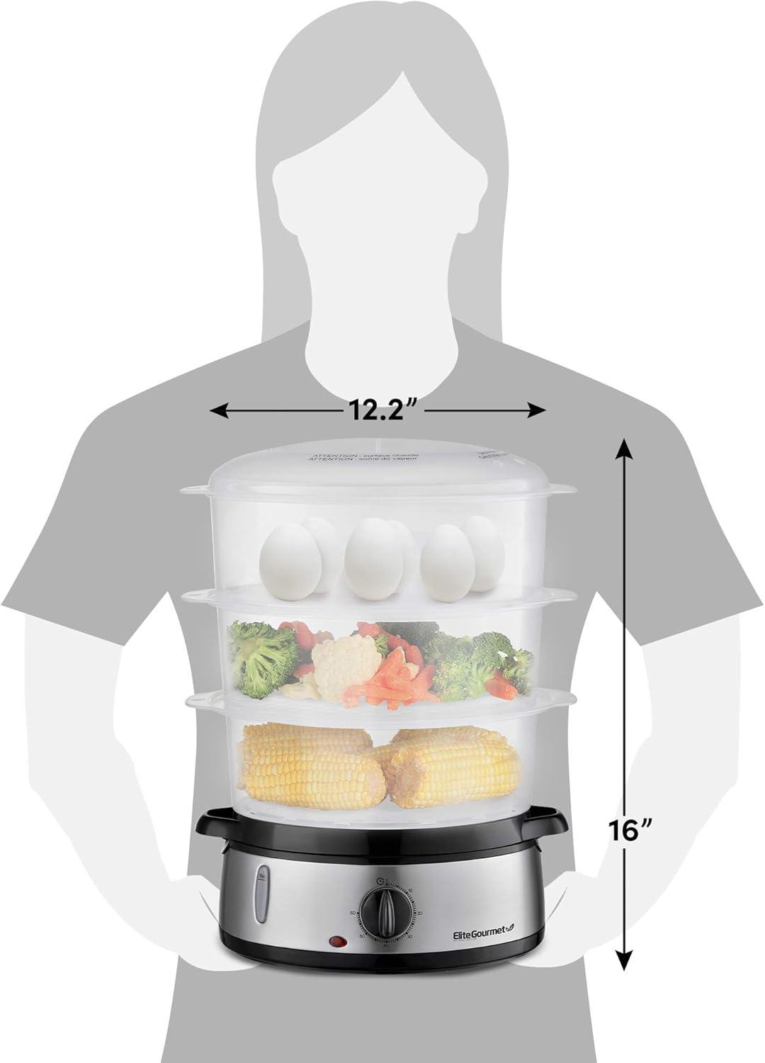 imageElite Gourmet MaxiMatic Electric Food Vegetable Steamer with BPAFree 3 Tier Stackable Nested Basket Trays Auto Shutoff 60min Timer 800W 9 Quart Stainless Steel95 Quart