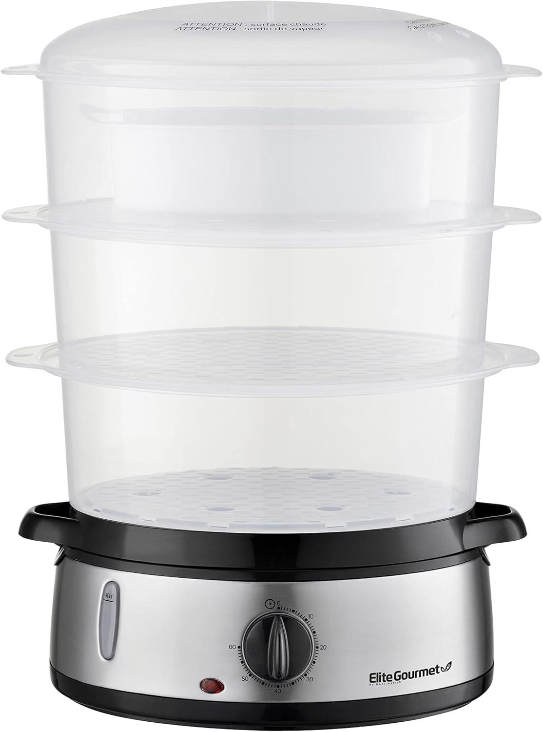imageElite Gourmet MaxiMatic Electric Food Vegetable Steamer with BPAFree 3 Tier Stackable Nested Basket Trays Auto Shutoff 60min Timer 800W 9 Quart Stainless Steel95 Quart