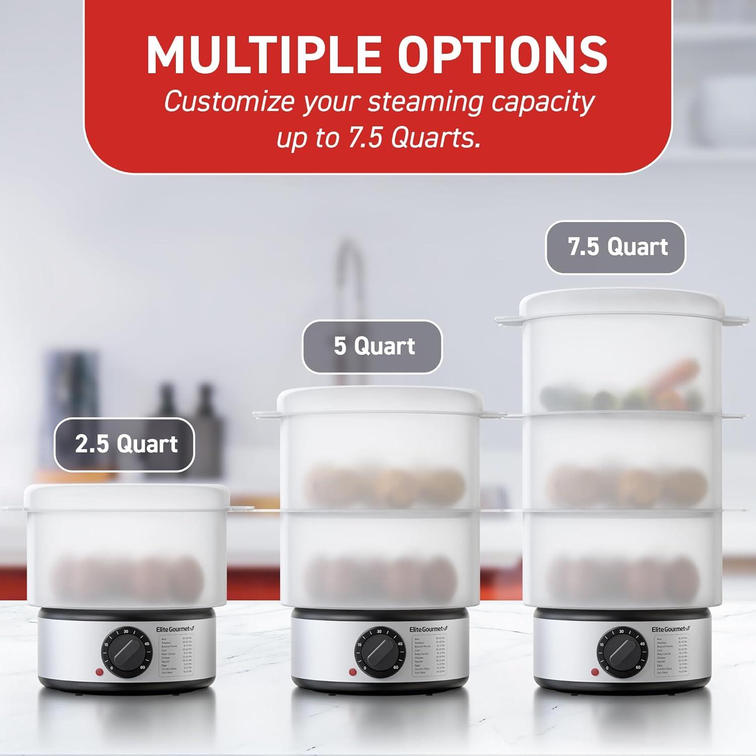 imageElite Gourmet MaxiMatic Electric Food Vegetable Steamer with BPAFree 3 Tier Stackable Nested Basket Trays Auto Shutoff 60min Timer 800W 9 Quart Stainless Steel75 Quart