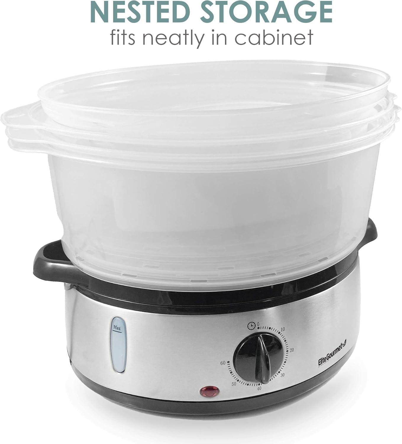 imageElite Gourmet MaxiMatic Electric Food Vegetable Steamer with BPAFree 3 Tier Stackable Nested Basket Trays Auto Shutoff 60min Timer 800W 9 Quart Stainless Steel95 Quart