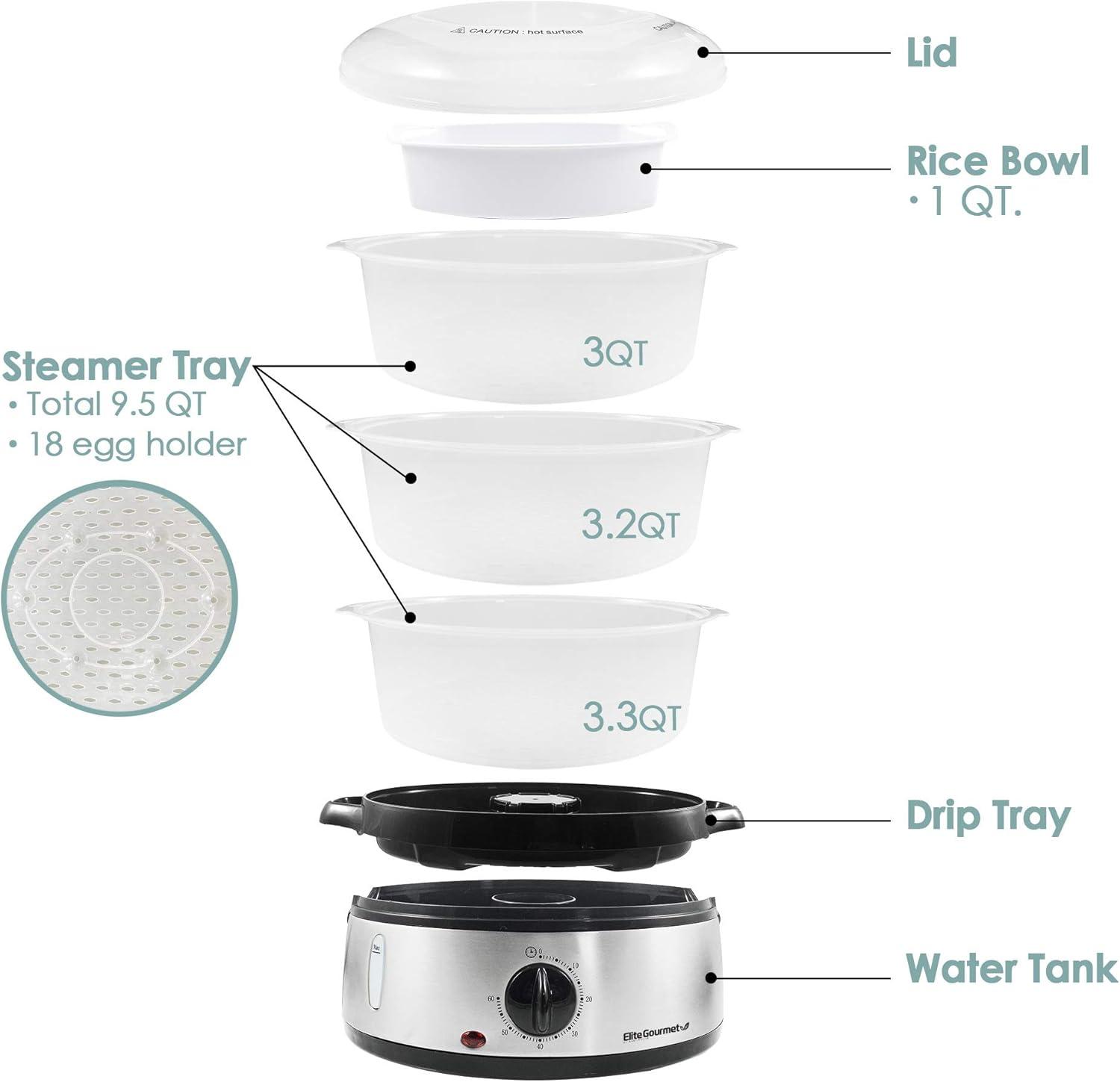 imageElite Gourmet MaxiMatic Electric Food Vegetable Steamer with BPAFree 3 Tier Stackable Nested Basket Trays Auto Shutoff 60min Timer 800W 9 Quart Stainless Steel95 Quart