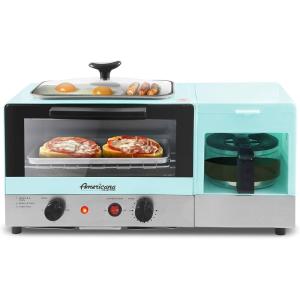 imageElite Gourmet Americana 2 Slice 95quot Griddle with Glass Lid 3in1 Breakfast Center Station 4Cup Coffeemaker Toaster Oven with 15Min Timer Heat Selector Mode Blue2Slice