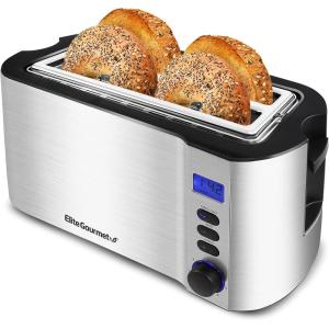imageElite Gourmet ECT4400B Long Slot 4 Slice Toaster Countdown Timer 6 Toast Setting Defrost Cancel Function Builtin Warming Rack Extra Wide Slots for Bagel Waffle Stainless Steel4 Slice