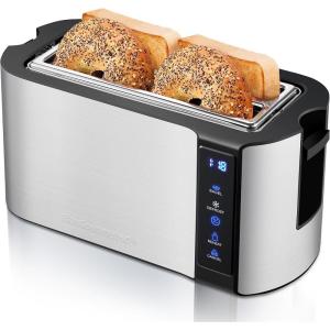 imageElite Gourmet ECT5322 Long Slot 4 Slice Toaster Countdown Timer Bagel Function 6 Toast Setting Defrost Cancel Function Builtin Warming Rack Extra Wide Slots for Bagels Waffles Stainless SteelBlack  Stainless Steel