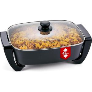imageElite Gourmet EG6201 Extra Deep 12quotx12quotx32quot 75Qt Scratch Resistant Dishwasher Safe Nonstick Electric Skillet with Glass Vented Lid Adjustable Temperature Black125Qt