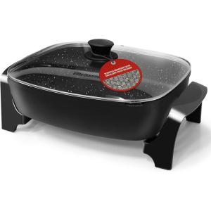 imageElite Gourmet EG6201 Extra Deep 12quotx12quotx32quot 75Qt Scratch Resistant Dishwasher Safe Nonstick Electric Skillet with Glass Vented Lid Adjustable Temperature Black105Qt